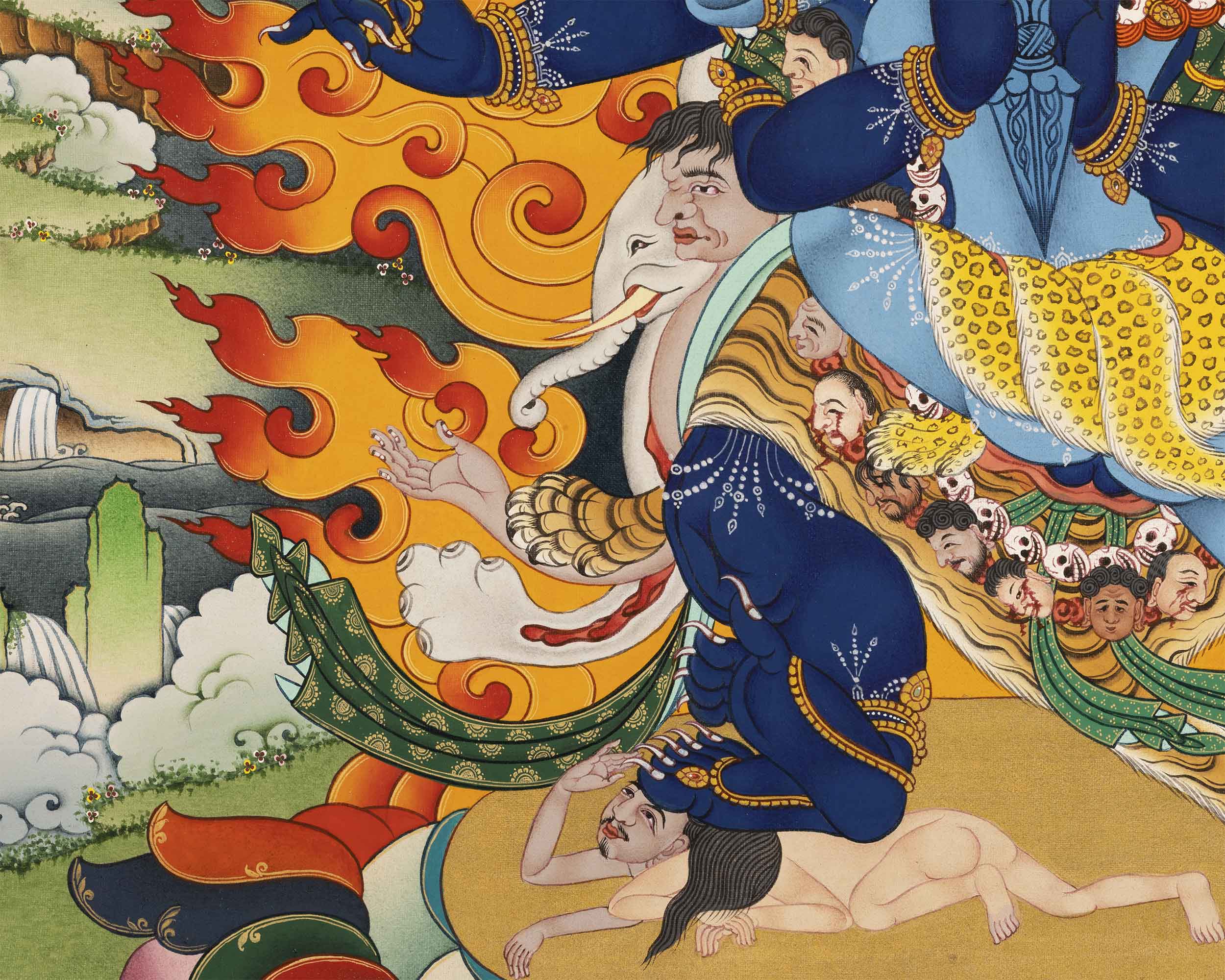 Vajrakilaya Thangka Print | Antique Black and Red Silk Brocade | Runner