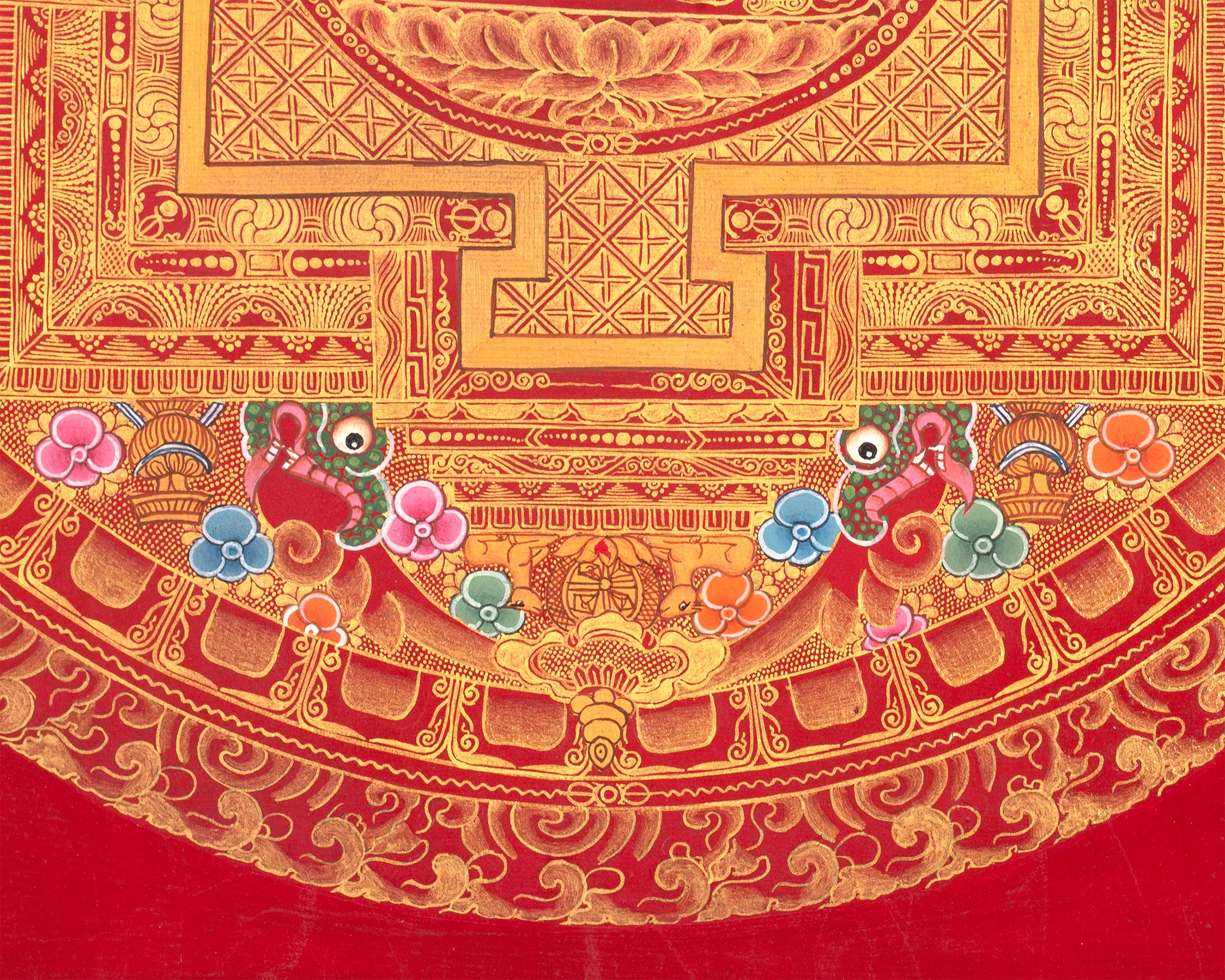 Chenresig Mandala | Buddha of Compassion | Red and Gold Thangka