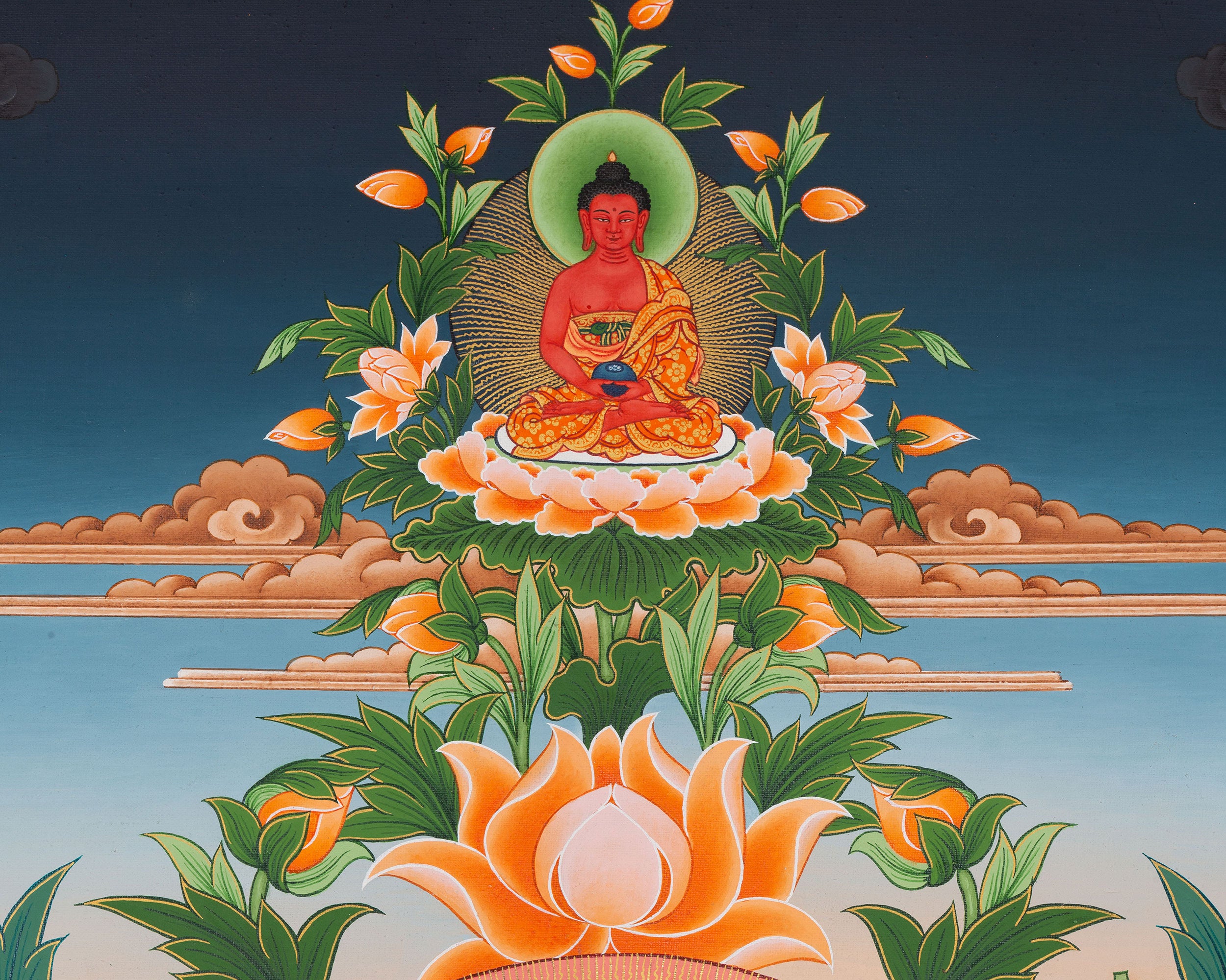 Divine Compassion in Eri Style: Avalokiteshvara Artwork with Amitabha Buddha, Manjushri and Vajrapani Figures
