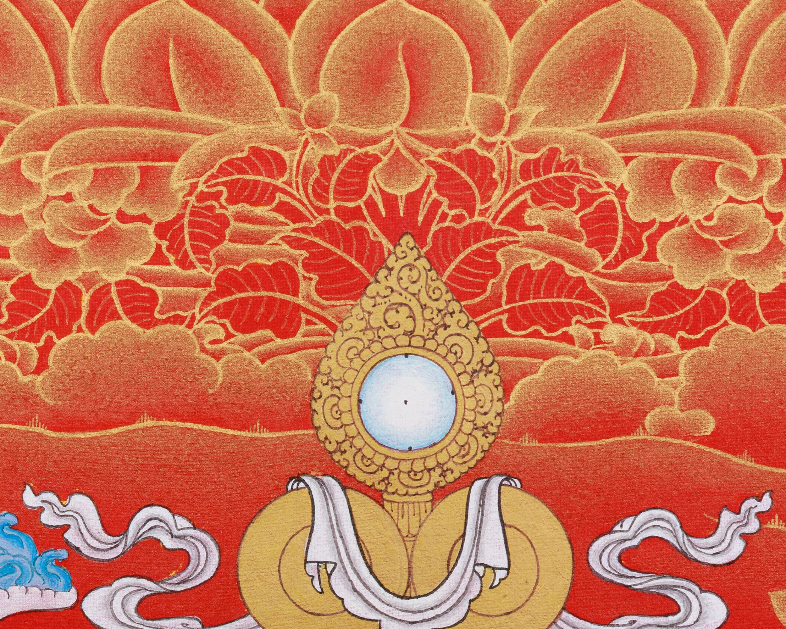 4 Arms Chenrezig Thangka | Nakthang Style with 24K Gold on Red Canvas
