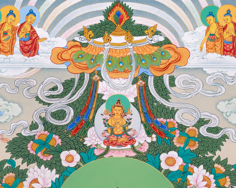 Buddhist Pure Land Thangka | Hand-Painted Amitabha Singham Artwork