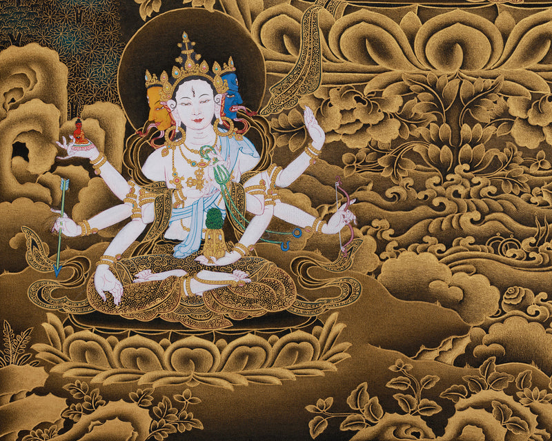 Three Deities of Long Life: White Tara, Amitayus, and Namgyalma | Gold Embellished Thangka