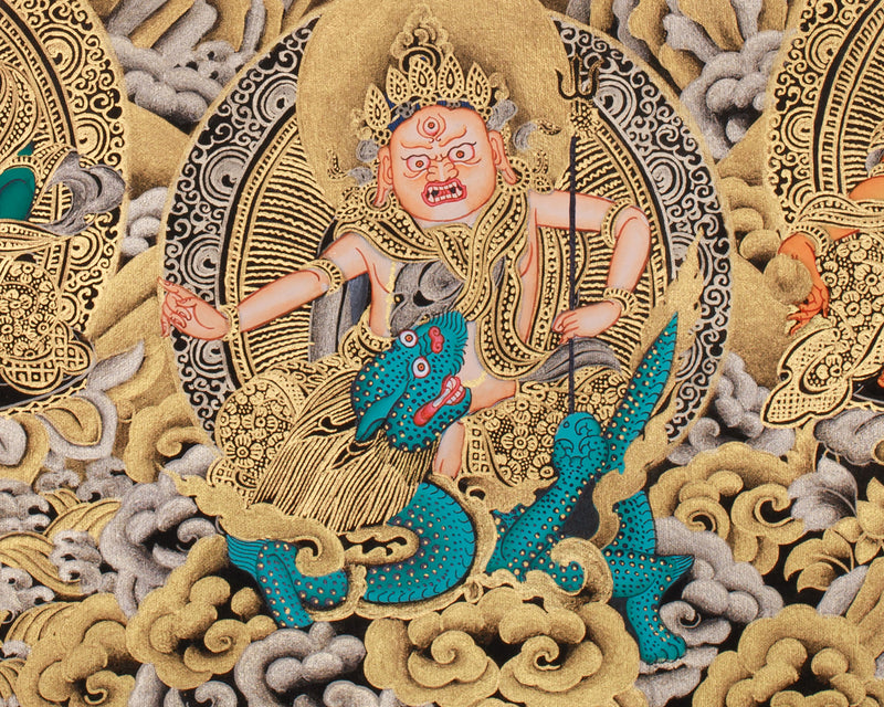 Exquisite Vaishravana, Guardian of the North Thangka | 24K Gold Embellished Art on Black Canvas