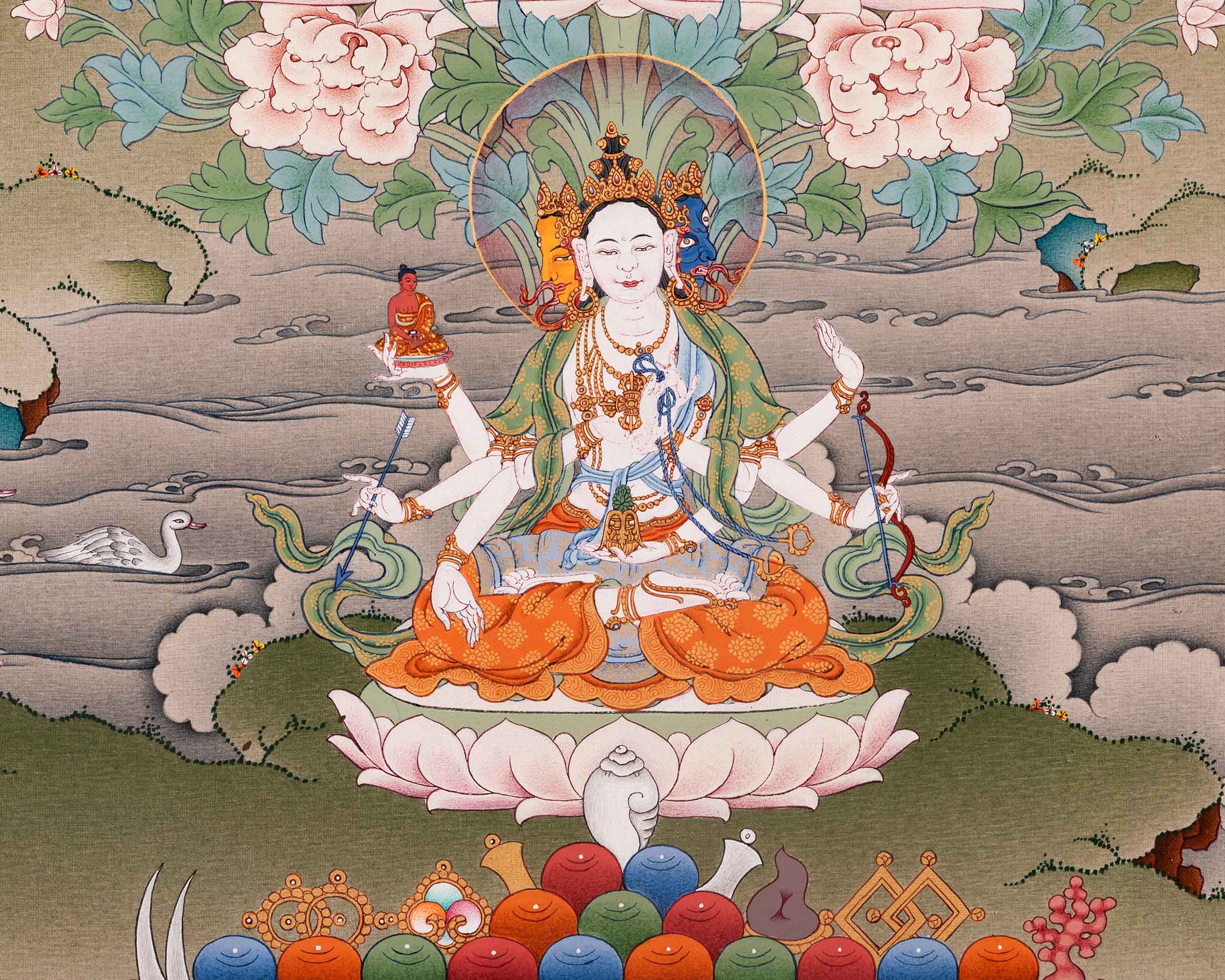 Thangka Print of White Tara | Tibetan Artwork of the Three Longevity Deities