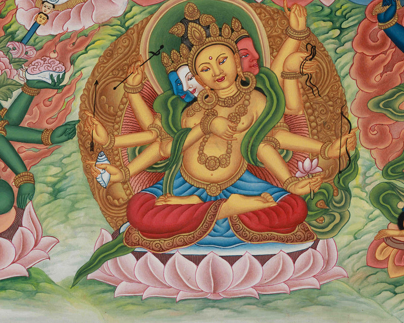 Yellow Dzambhala, The Wealth Deity Thangka | Prosperity Thangka With Five Dhyani Buddhas