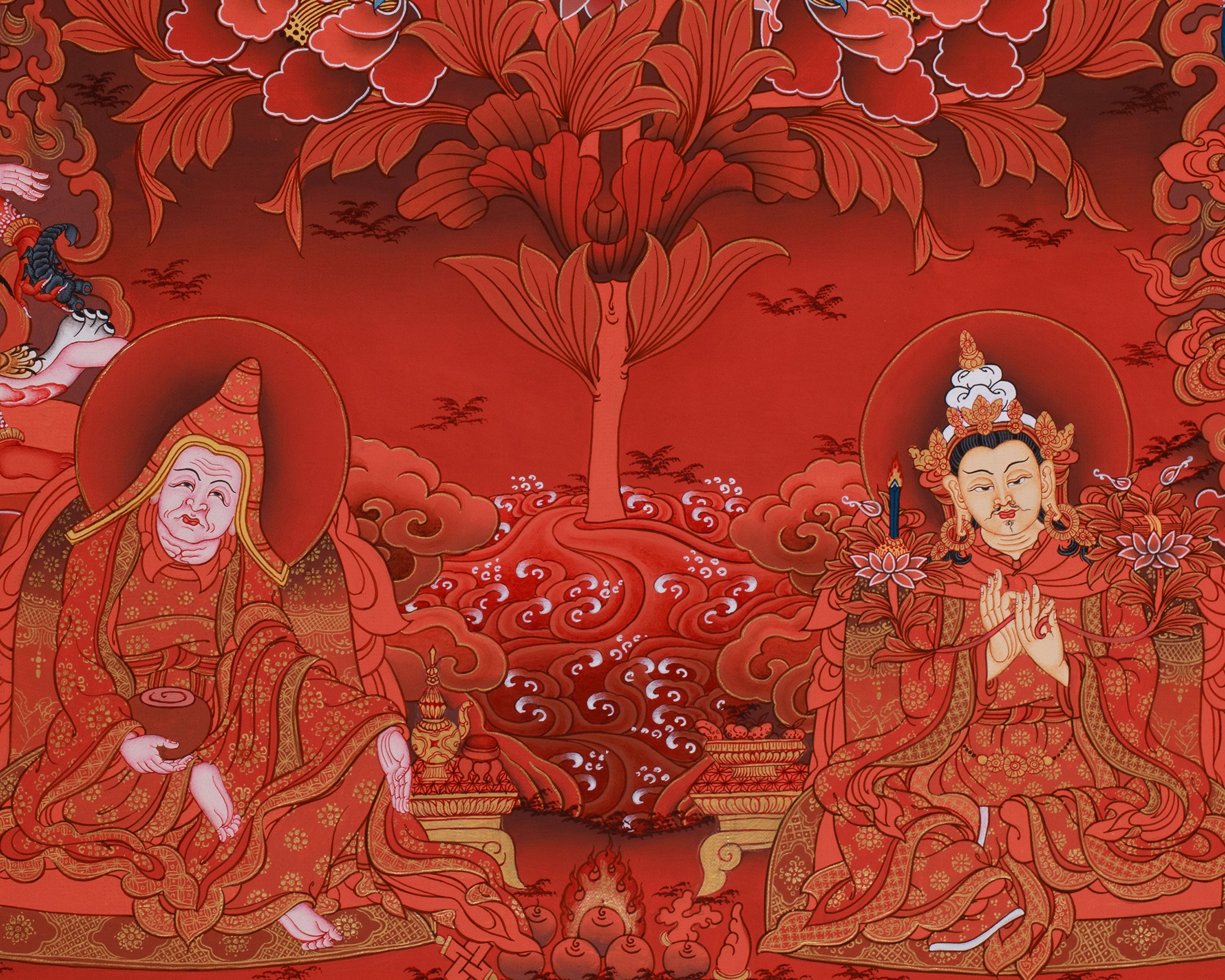 Peaceful Guru Tsokye Dorje | Red Hues Tibetan Artwork