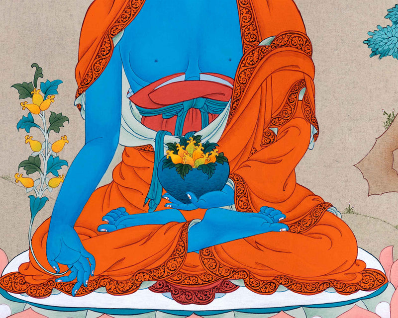 The Blue Buddha, God of Medicine Thangka | Medicine Buddha | Tibetan Helaing Deity