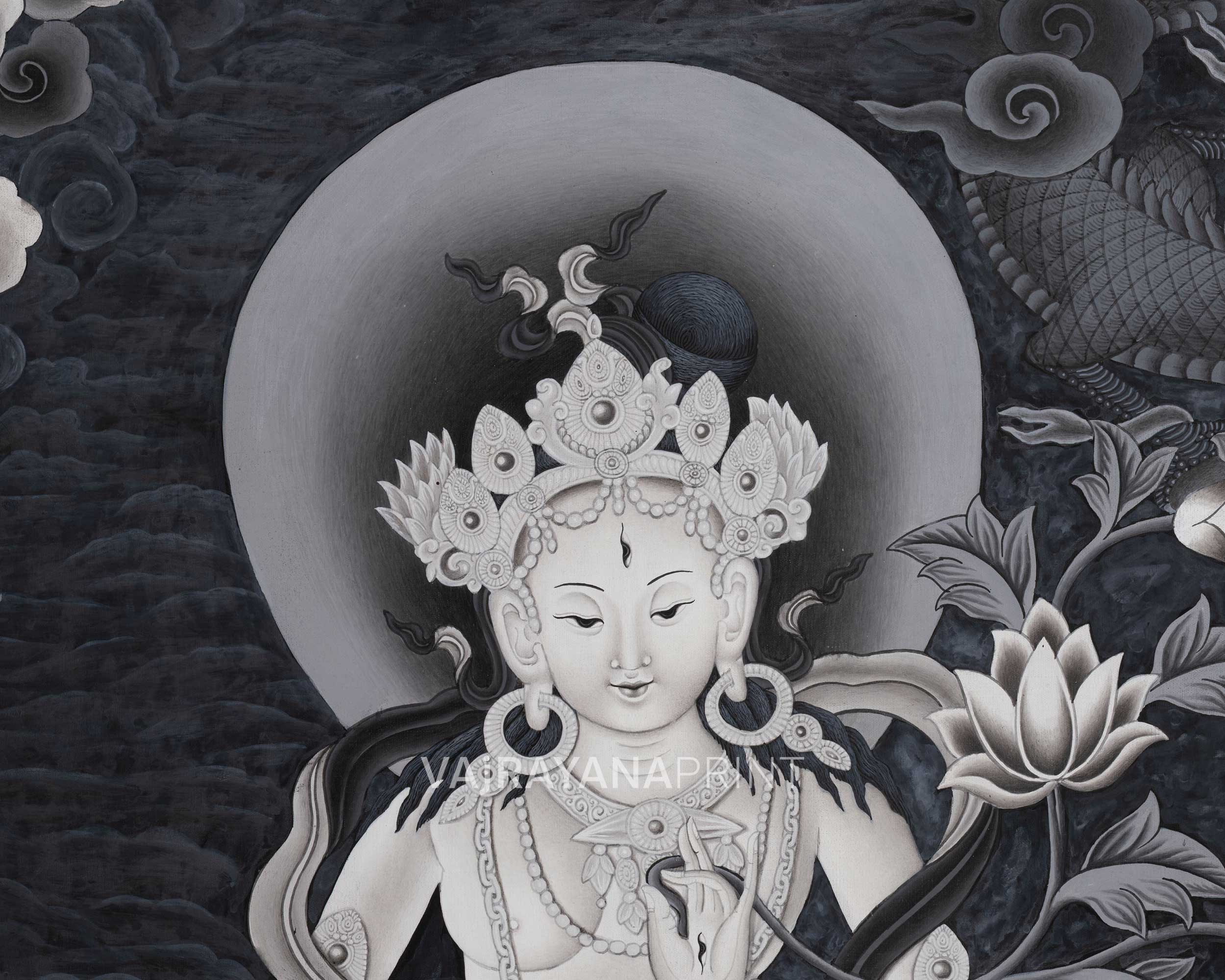 White Tara, Manjushri and Green Tara Standing Thangka Print | Newari Style Print