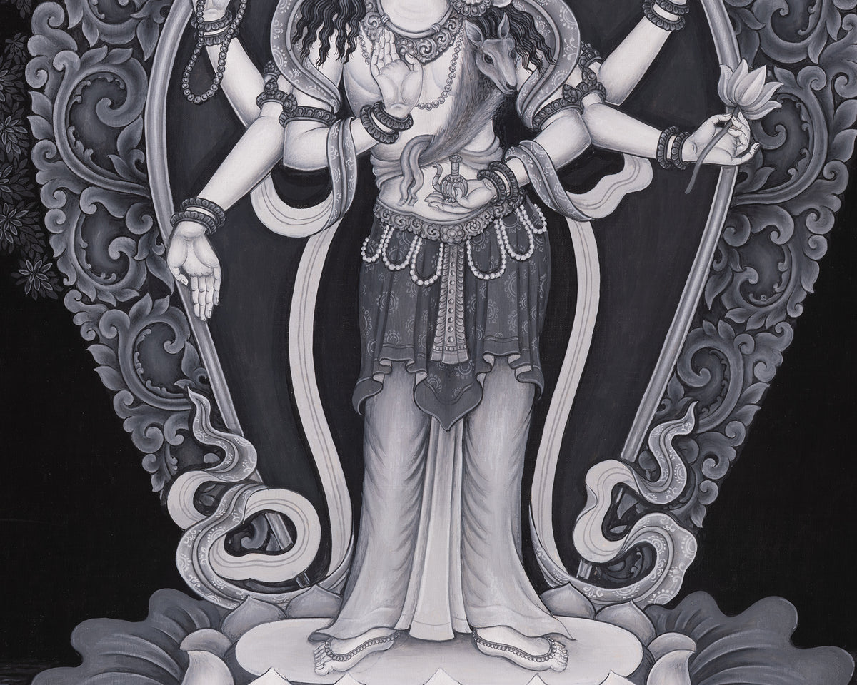 Black and White Bodhisattva Chenrezig Thangka | Avalokiteshvara Art | Compassion Deity