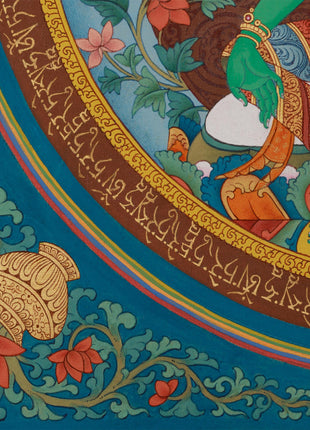 Elegant Green Tara Mantra Mandala | Embellished with Lhasa Stone Pigments & 24K Gold