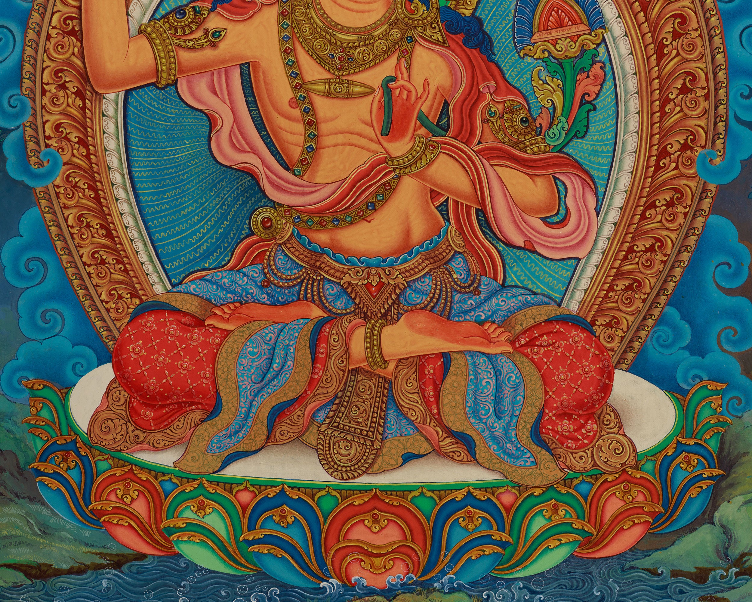Divine Wisdom Manjushri Thangka Print | 5 Dhyani Buddhas | Bodhisattva Newari Canvas Art