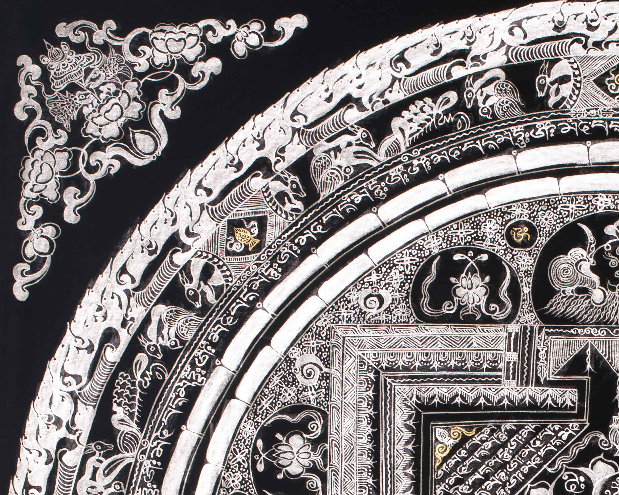 Silver Mantra Mandala Painting | Hand-Painted Mandala for Meditation