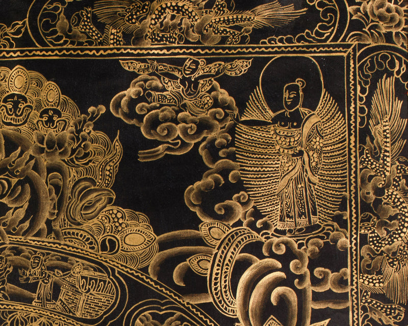 The Wheel of Life (Bhavacakra) Thangka | Fully Gold Embellished on Black Canvas, Brocade Mounted | Tibetan Masterpiece of Samsara