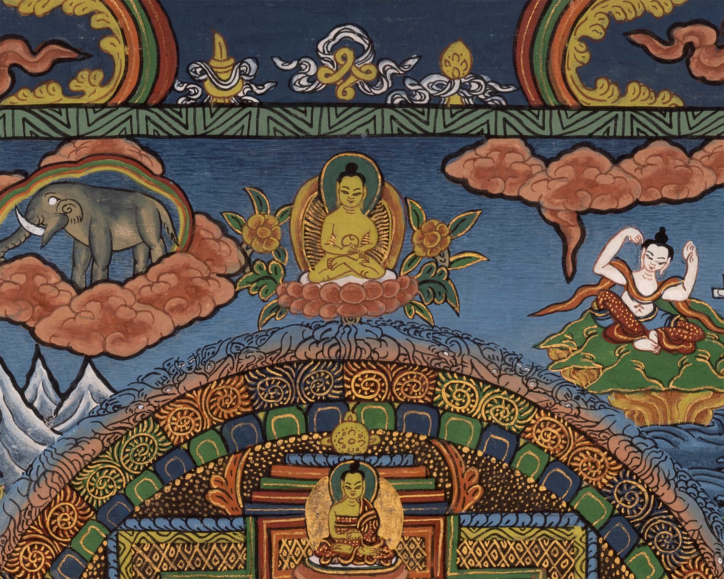 Horizontal Thangka of Buddha Life Story | A Spiritual Journey Through Sacred Art