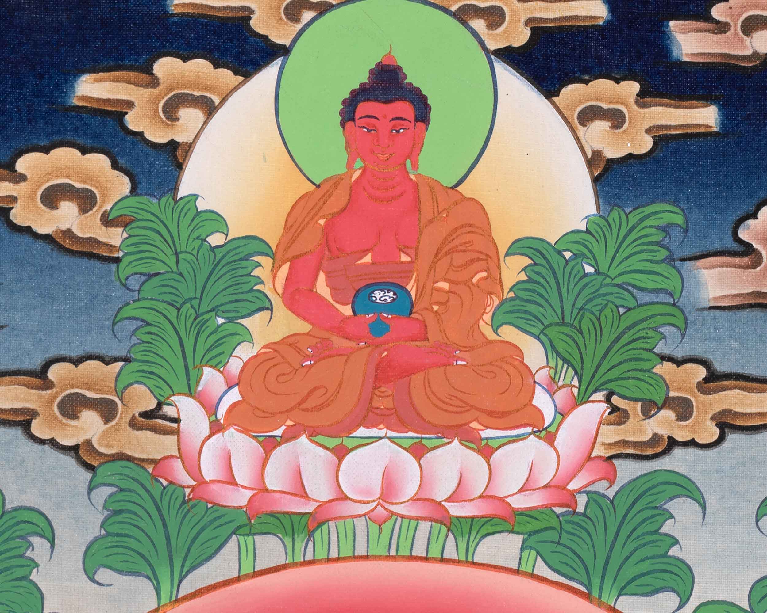 Five Dzambhalas Thangka | Featuring Amitabha Buddha | Hand-Painted on Cotton Canvas