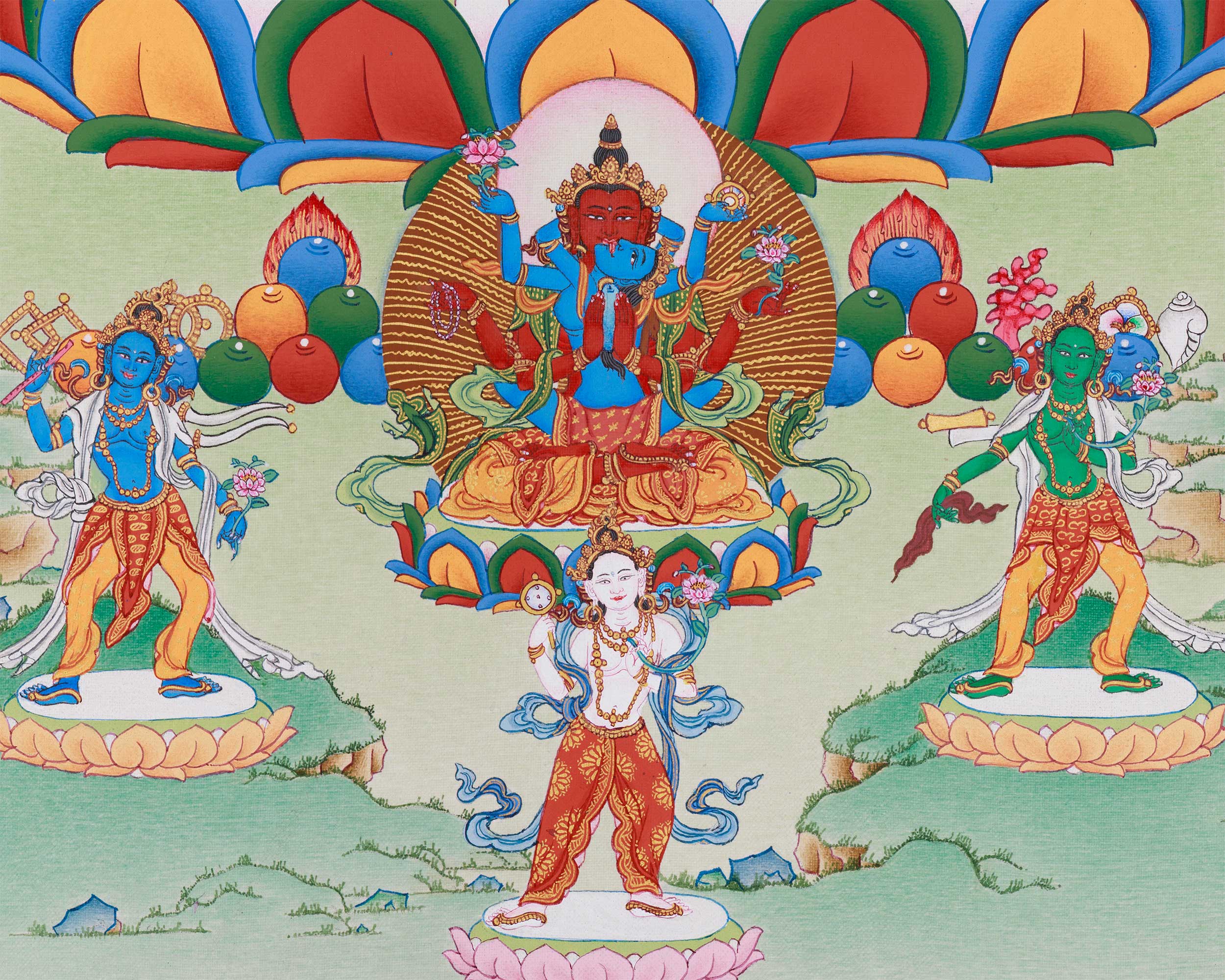 Tantric Form of Compassion, Gyalwa Gyasto | Red Chenrezig with Dakinis and Dhyani Buddhas