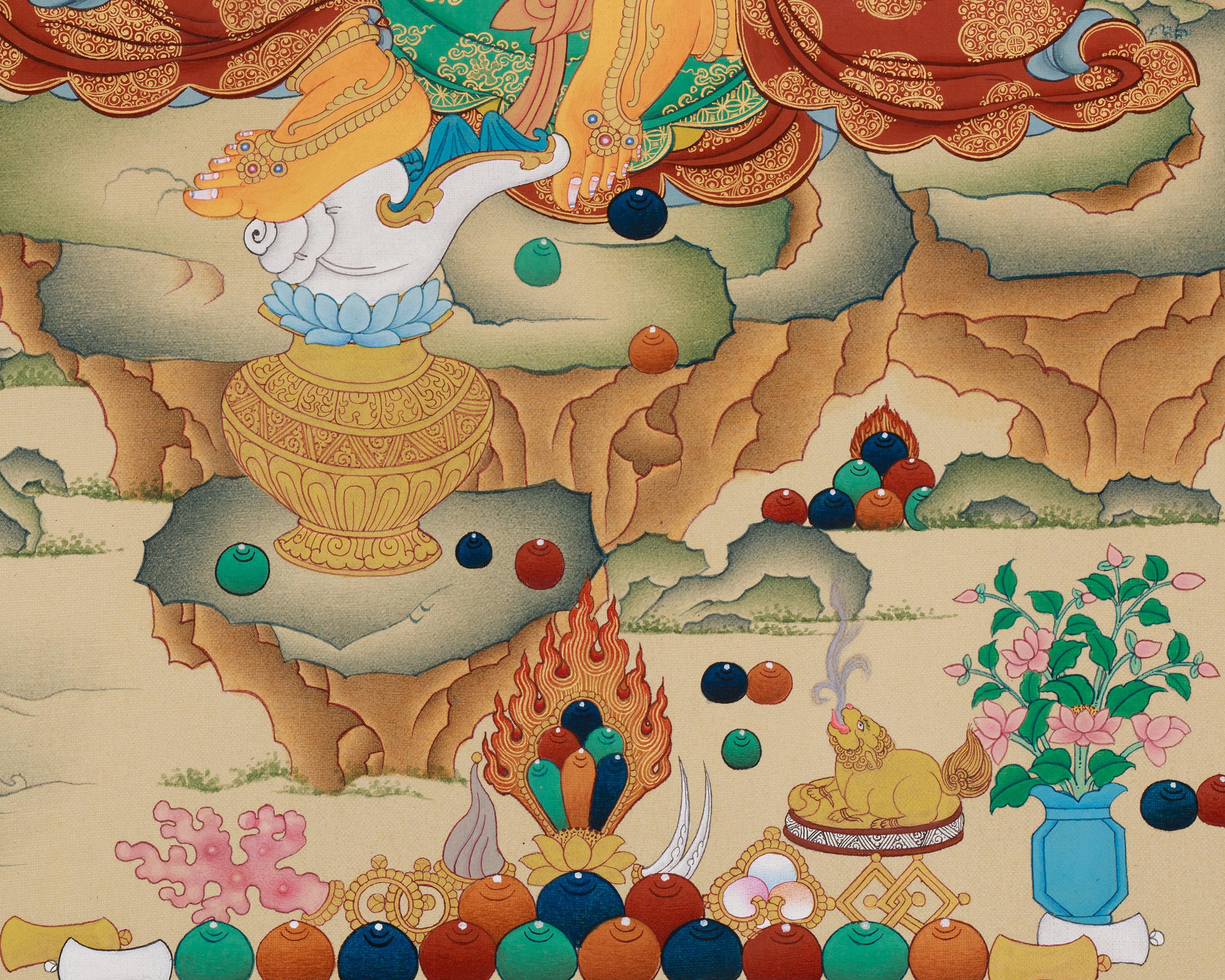 Yellow Dzambhala with Buddha Ratnasambhava Thangka | The Union of Wealth and Spiritual Enlightenment