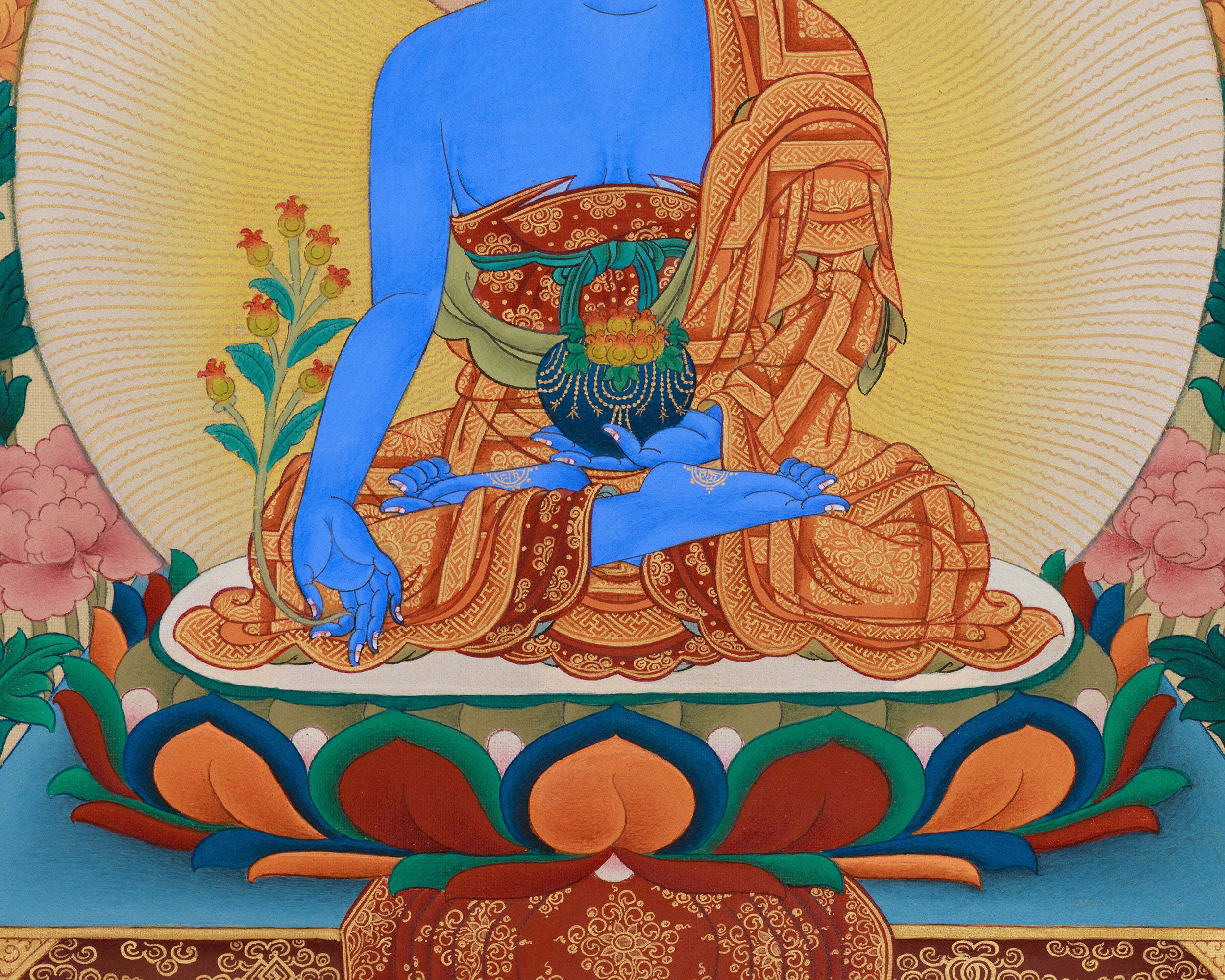 Premium 8 Medicine Buddha Thangka | Healing Deities Artwork with Gold & Natural Colors