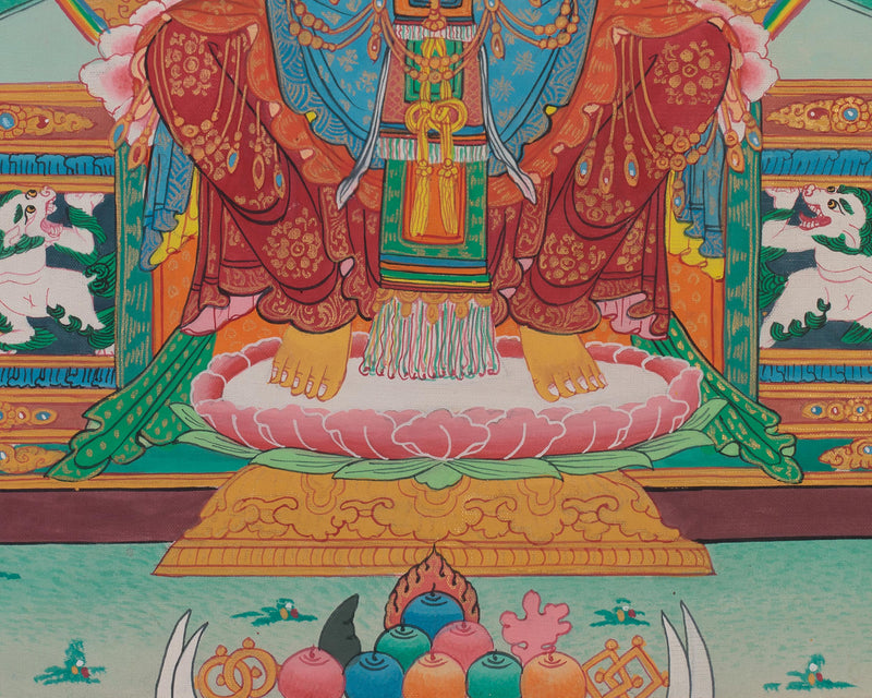 Future Buddha Maitreya Thangka | Sacred Art with Blue and Red Silk Brocade