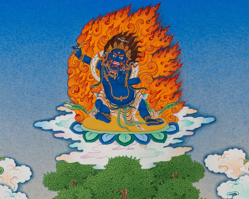 Thangka Print of White Mahakala with Five Jambala: Assembly of Wealth Deities