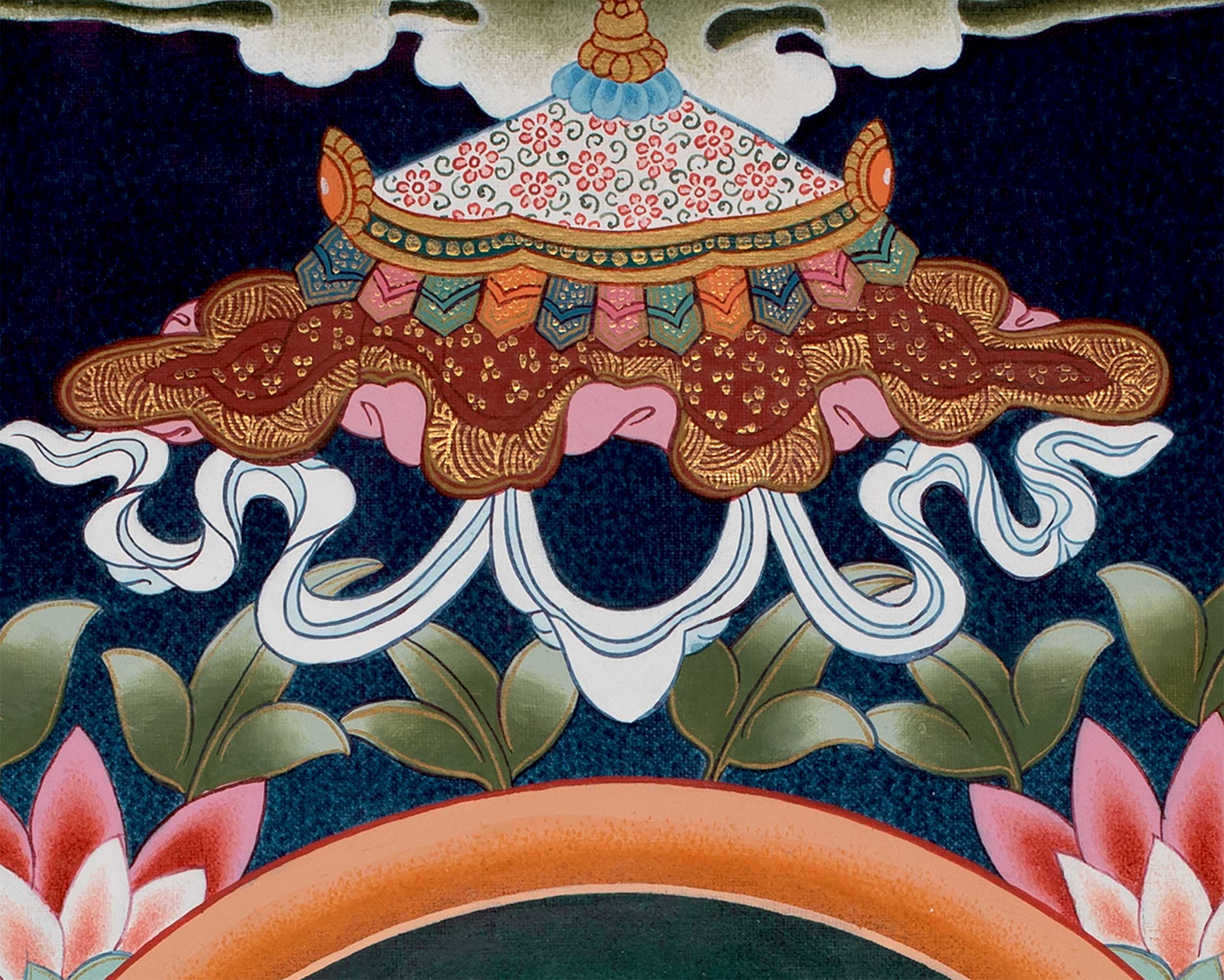 Maitreya Buddha Thangka Featuring Tsongkhapa, Guru Rinpoche, Green Tara & White Tara
