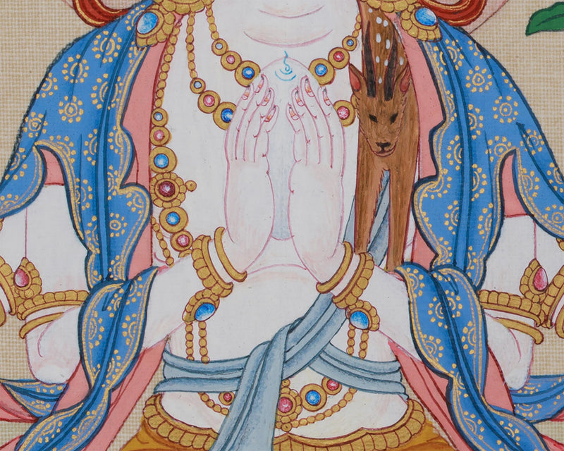 Lord of Compassion Chenrezig Thangka | Original Tibetan Artwork of Bodhisattva Avalokiteshvara