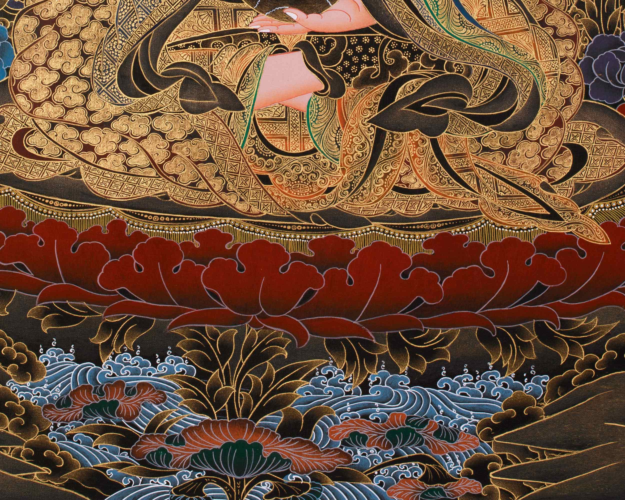 Guru Tsokyé Dorje Thangka | Masterful Gold Detailing on Black Canvas