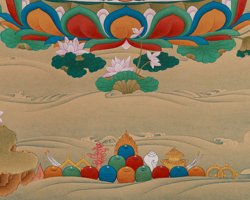 Sumptuous Compassionate Buddha Thangka - Four-Armed Chenresig with Lhasa Stone Enrichment