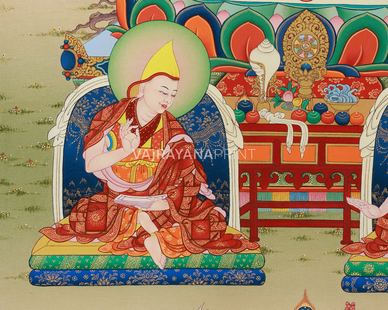 Tsongkhapa Canvas Print with Disciples | Giclee Thangka Art | Tibetan Buddhism Wall Hanging