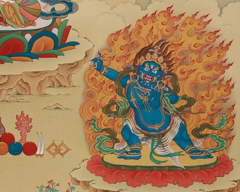 Avalokiteshvara Thangka with Manjushri & Vajrapani: Authentic stone Colors from Tibet