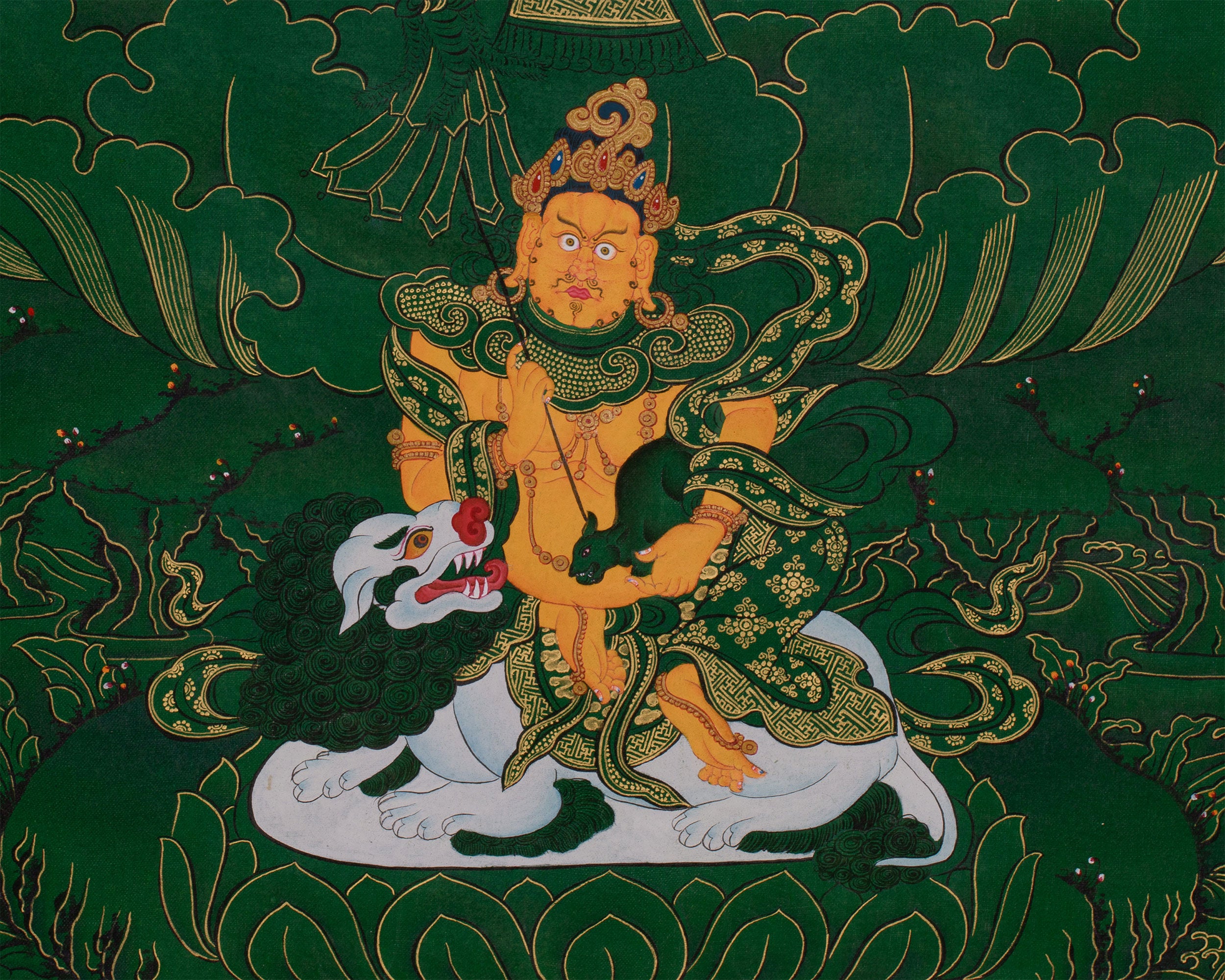 Tibetan Manjushri on Green Canvas | Wisdom Deity with Shakyamuni, Medicine Buddha, and Namtoshe