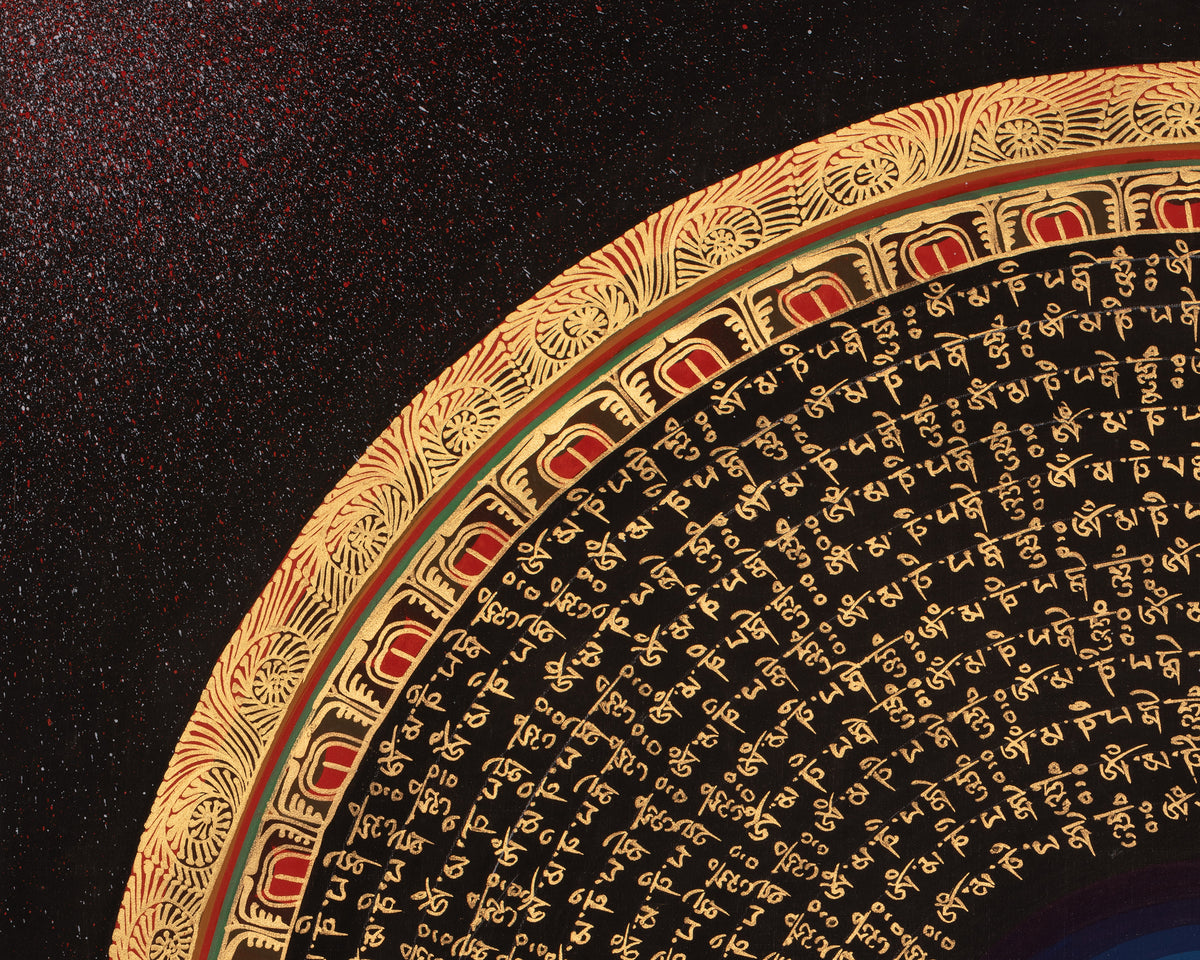 Om Mantra Mandala Thangka | Sacred Tibetan Buddhist Gold-on-Black Painting