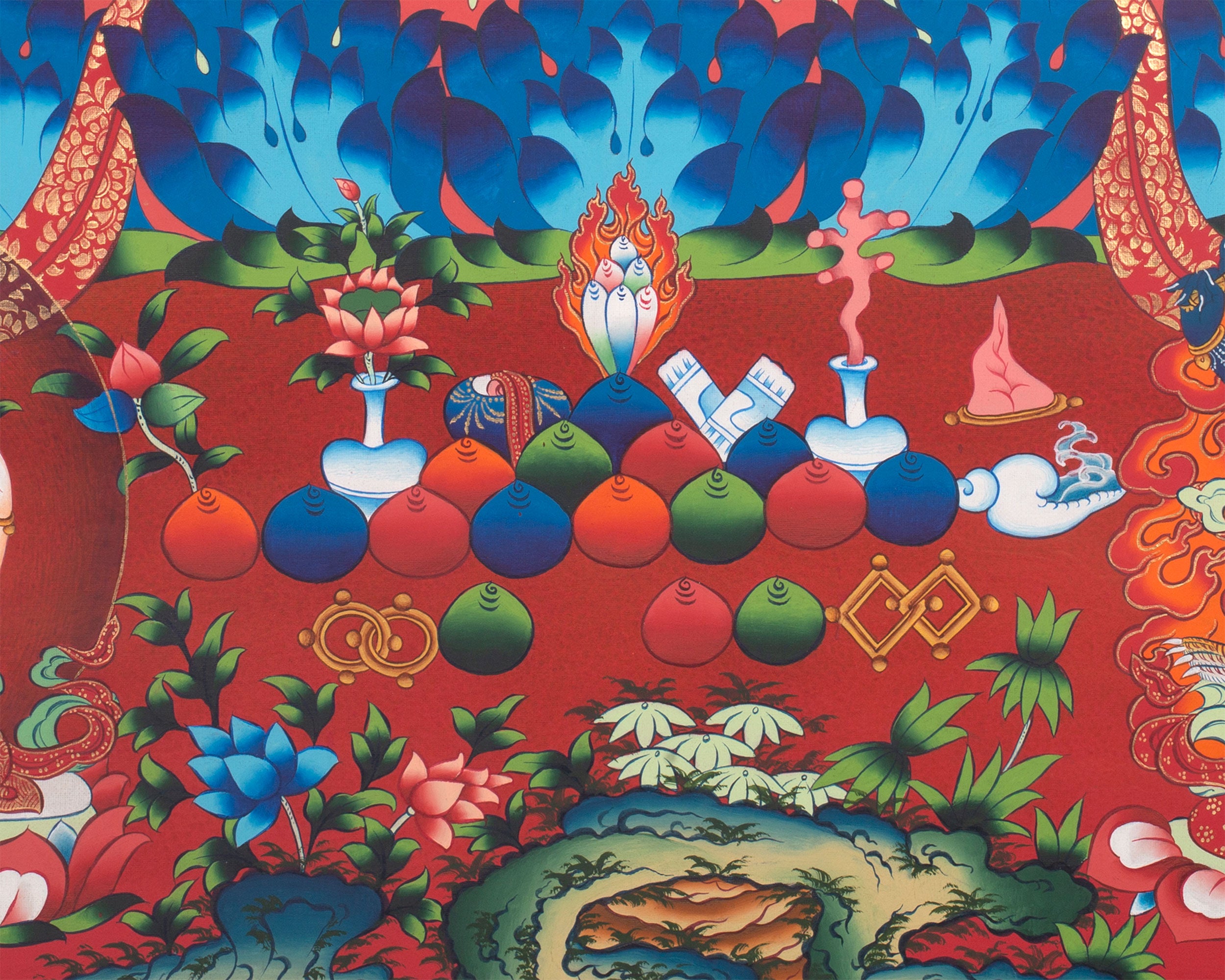Sacred Manjushri Tibetan Thangka | Wisdom Deity on Vibrant Red Canvas