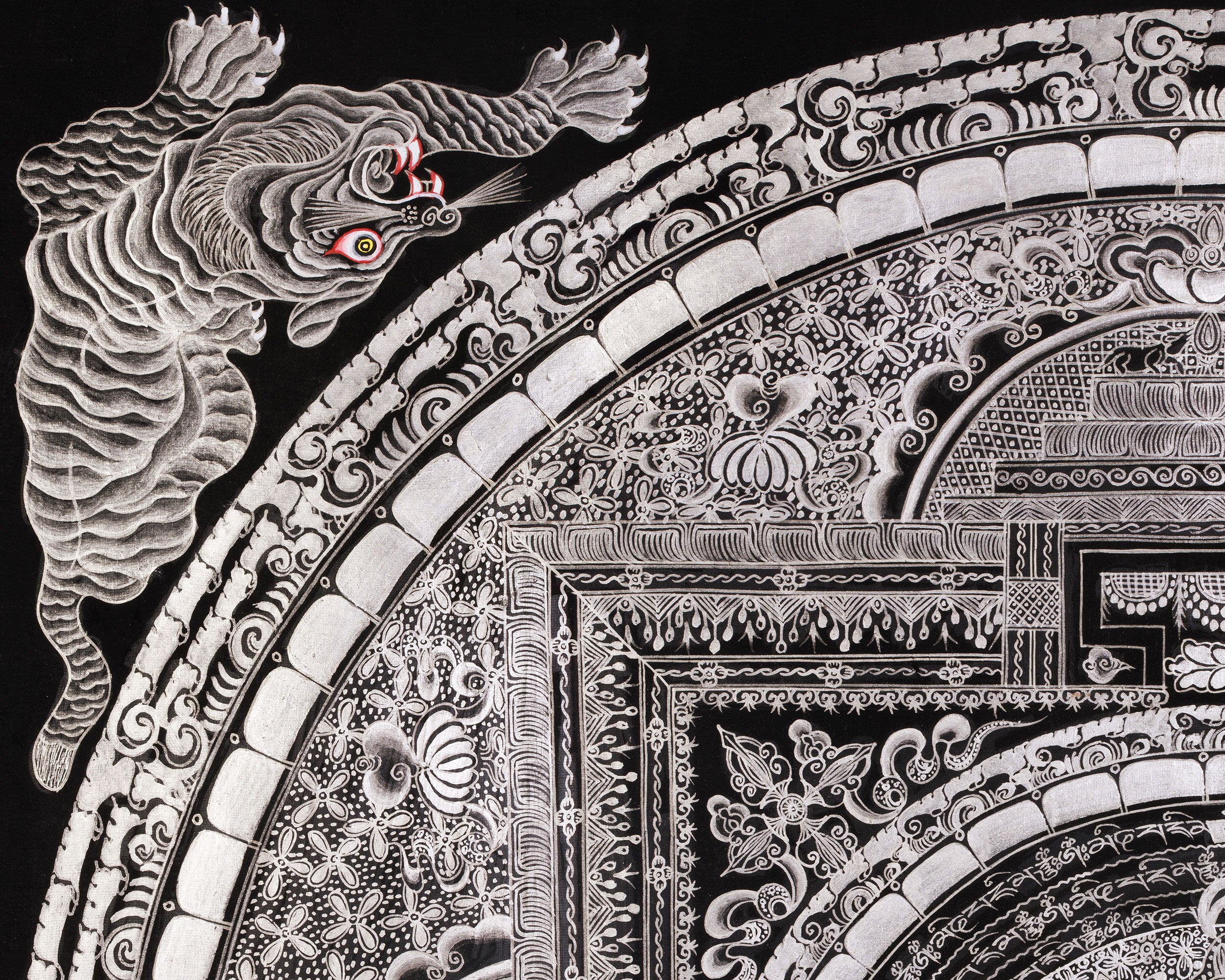 Giclée Mantra Mandala Print | Mythical Creatures, Concentric Circles, and Protective Mantras