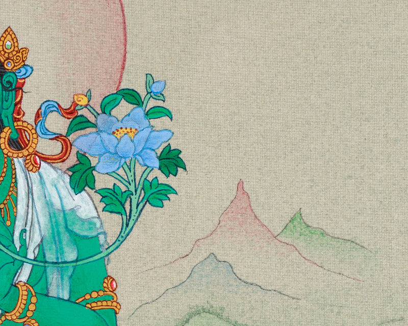 Divine Feminine Thangka - Hand-Painted Green Tara Tibetan Painting