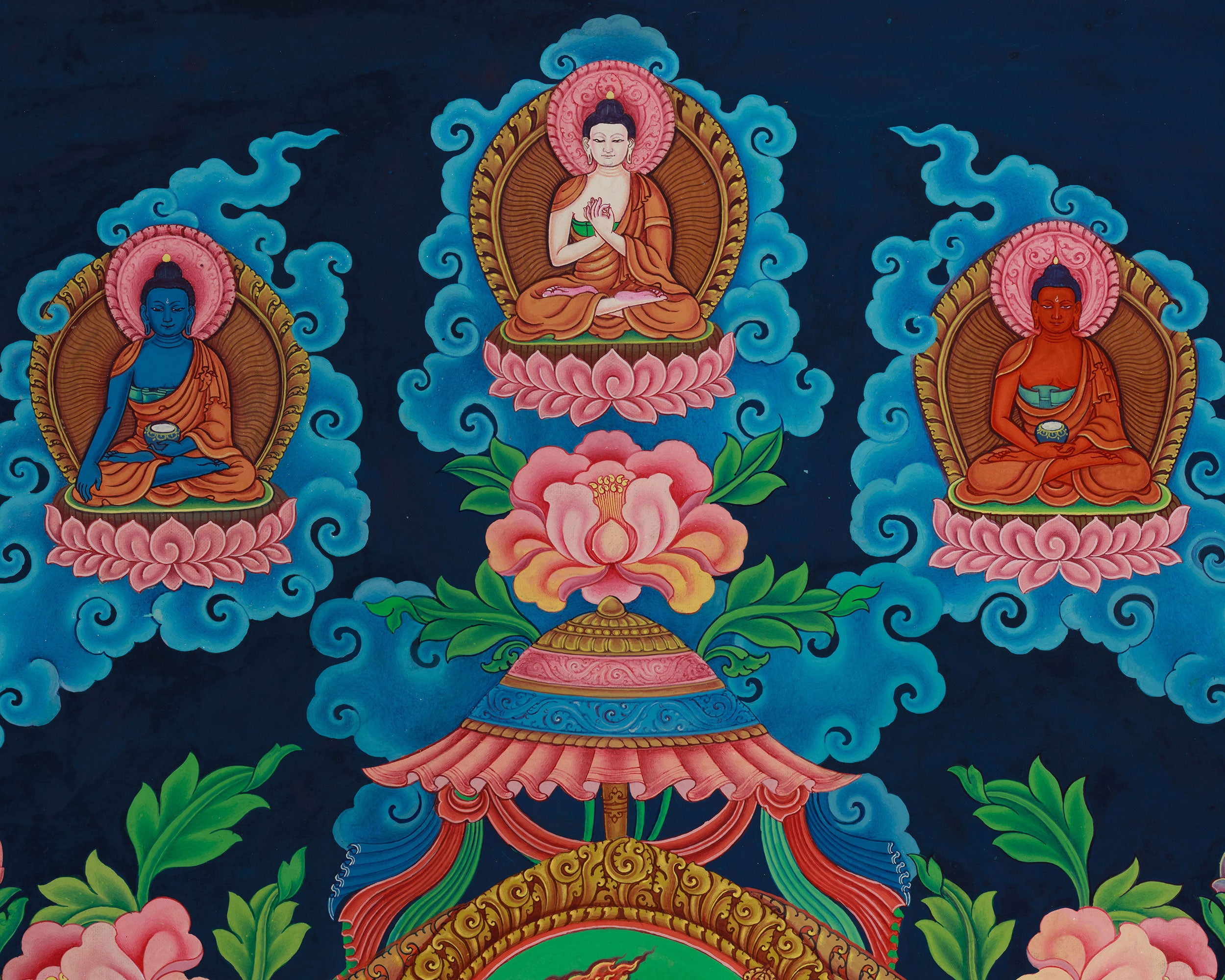 Exquisite Manjushri Painting | 5 Dhyani Buddhas and Bodhisattva | Tibetan Buddhist Wisdom Art
