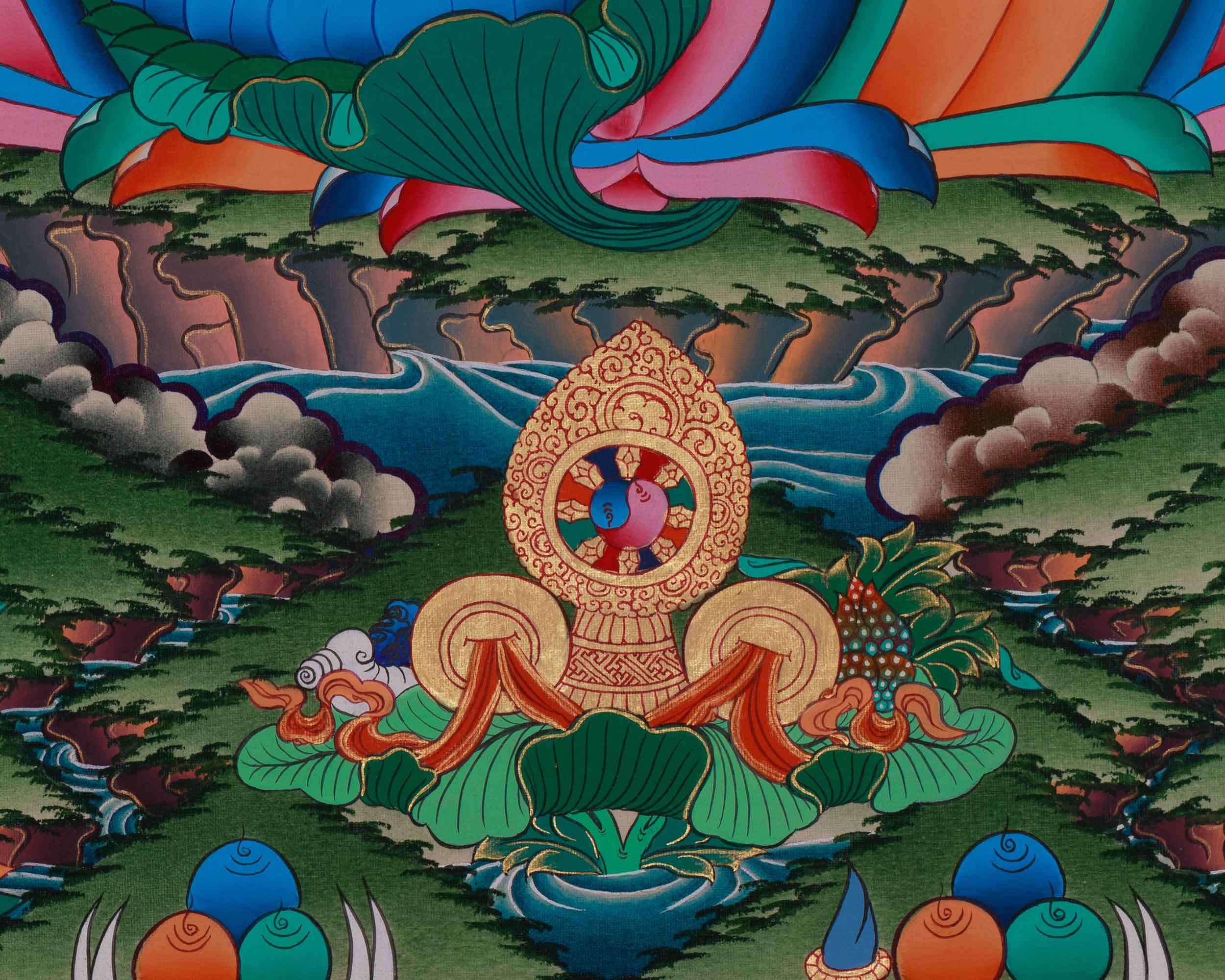 Divine Thangka of Green Tara with Amitabha Buddha, Chenrezig, and Vajrapani | Spiritual Art