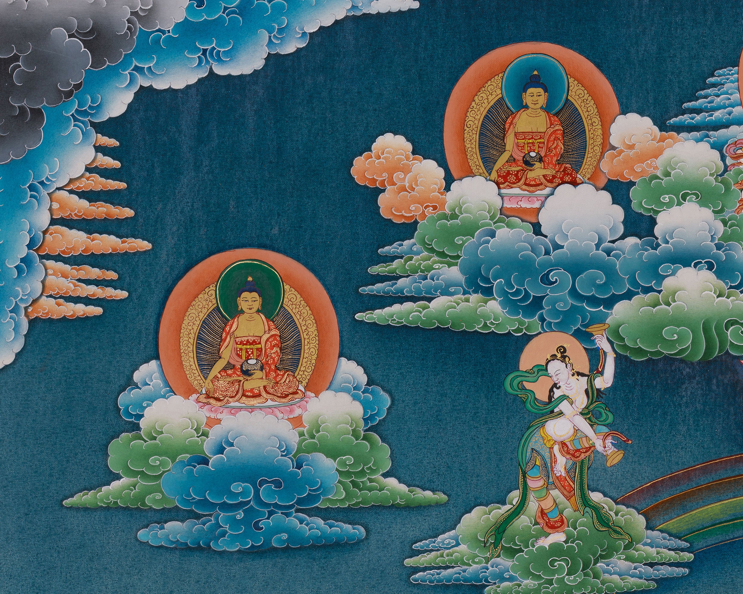 Five Buddha and  Boudha Stupa Thangka, Tibetan Meditation Wall Art