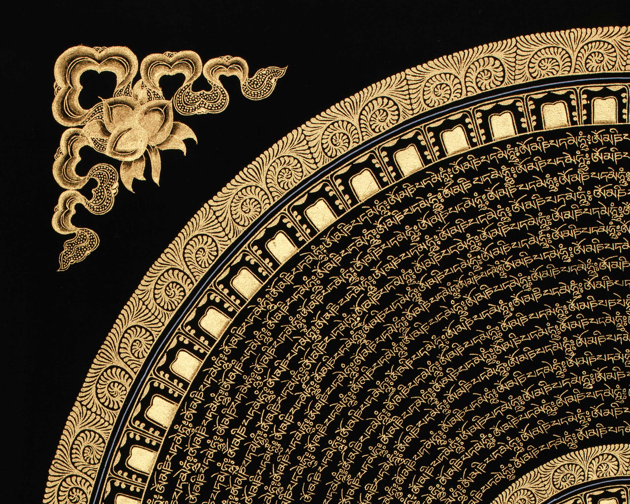 Black and Gold Mantra Mandala | Hand-Painted 24K Gold Tibetan Thangka