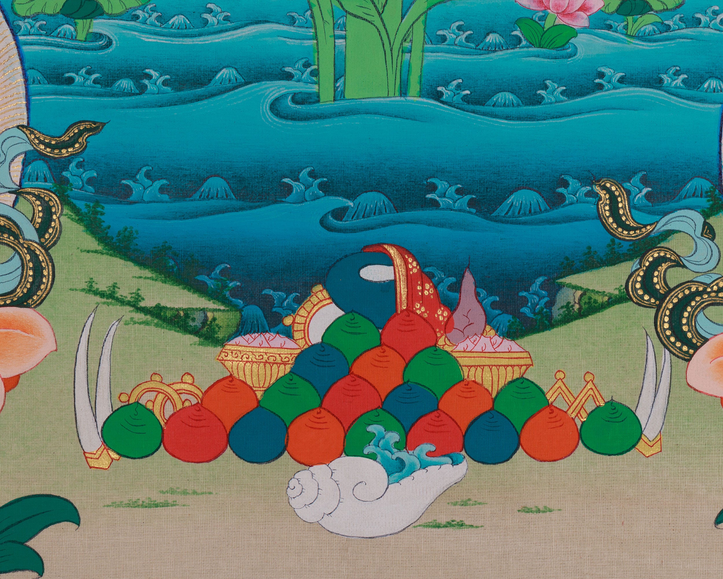 Spiritual Teacher Guru Padmasambhava | With His Two Principal Consort and Five Dhyani Buddhas