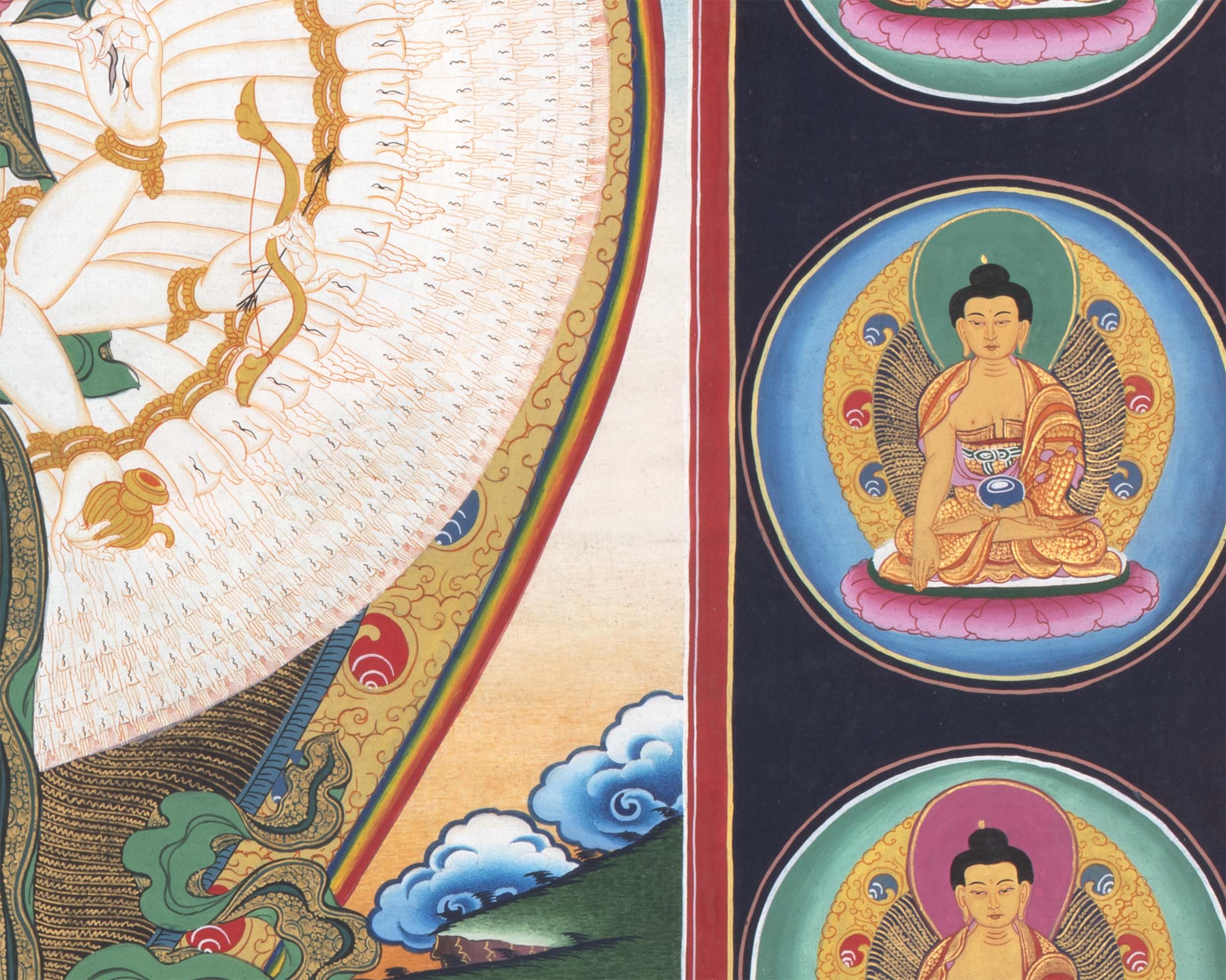 1000 Armed Chenrezig Thangka Print Surrounded by Celestial Deities | Traditional Buddhist Artwork
