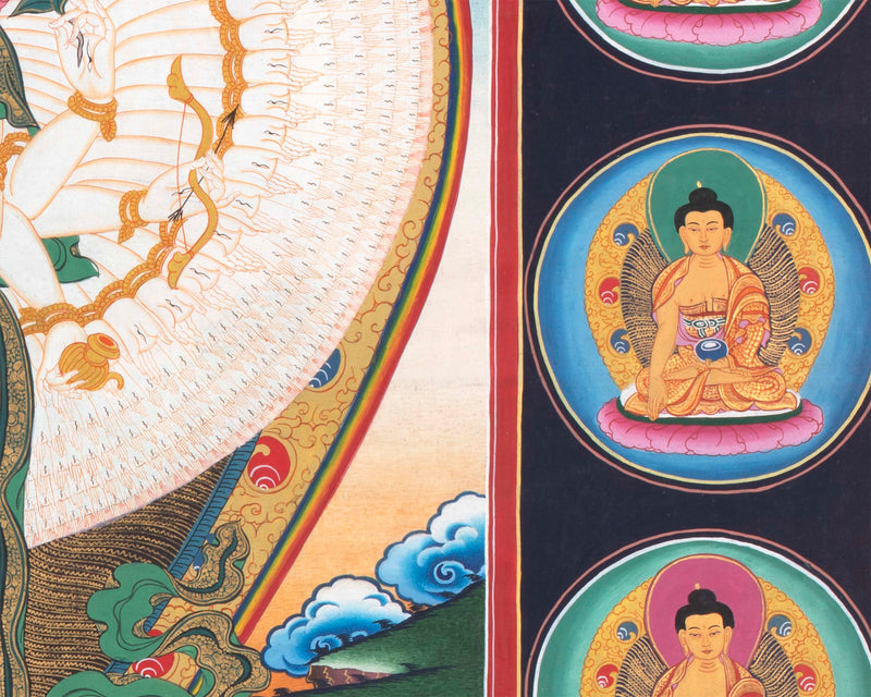 1000 Armed Chenrezig Thangka Print Surrounded by Celestial Deities | Traditional Buddhist Artwork