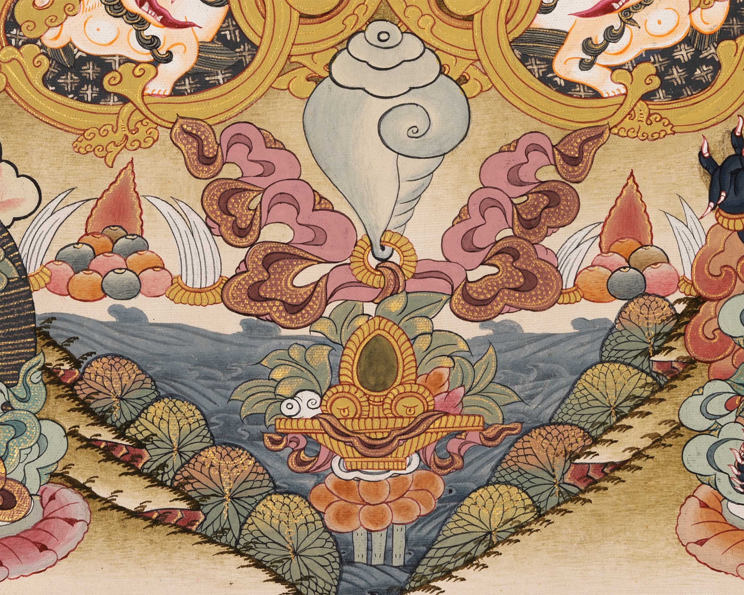 Thangka of Avalokiteshvara with Mantra | Featuring Manjushri and Vajrapani