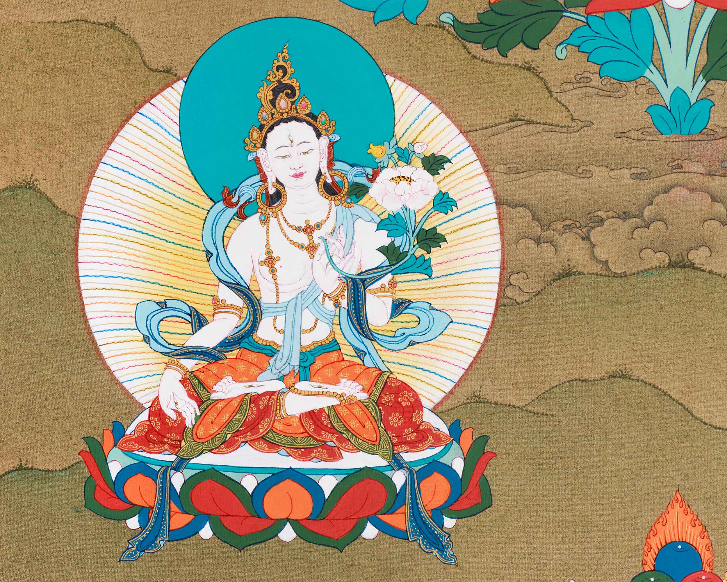Long Life Buddha Amitayus, White Tara & Namgyalma Thangka | Healing & Protection Deities