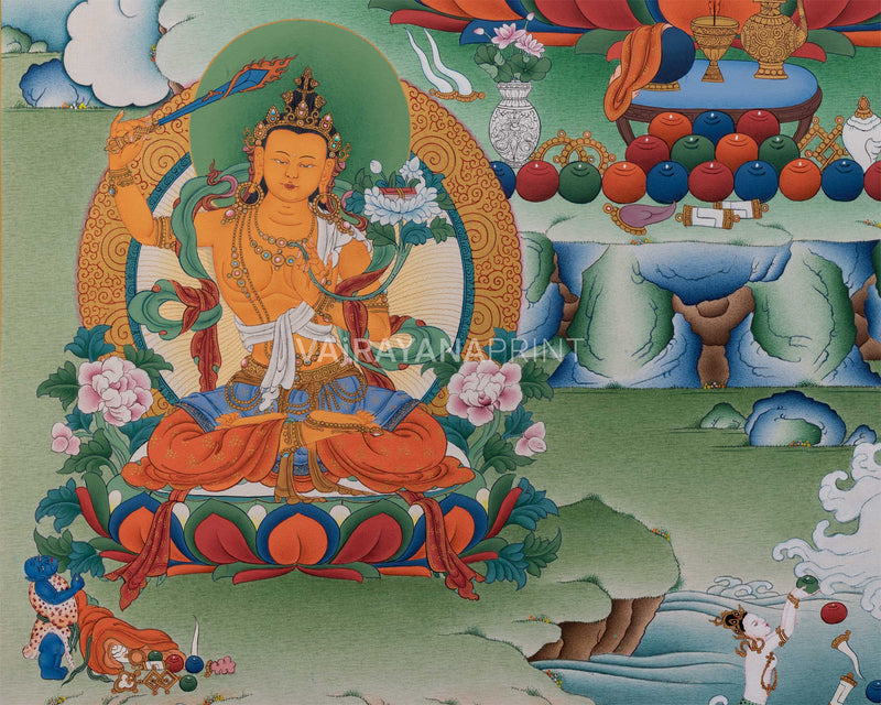 Triad of Compassion-Wisdom-Power: Chenresig, Manjushri, and Vajrapani Thangka Print