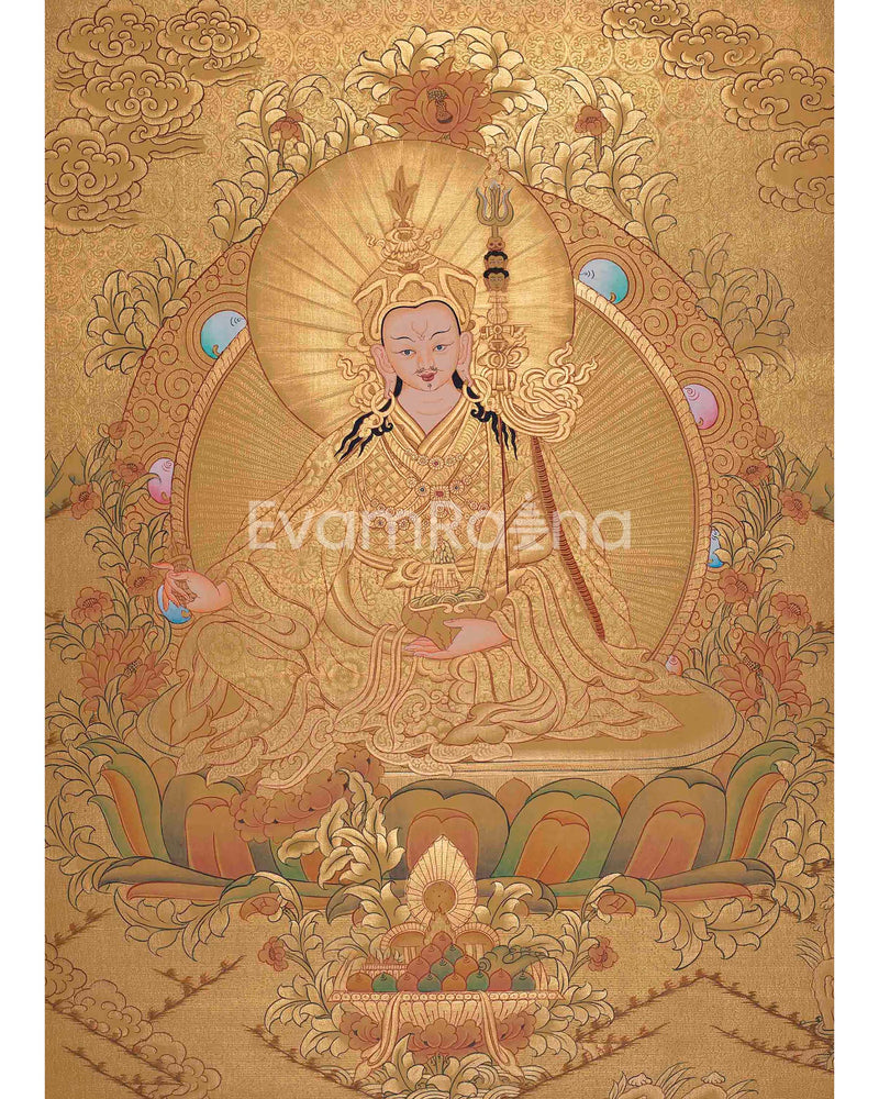 Guru Rinpoche In Full Gold Thangka Painting | Padmasambhava Thangka | Traditional Buddhist Handmade Thanka | Yoga Meditation Wall Hanging