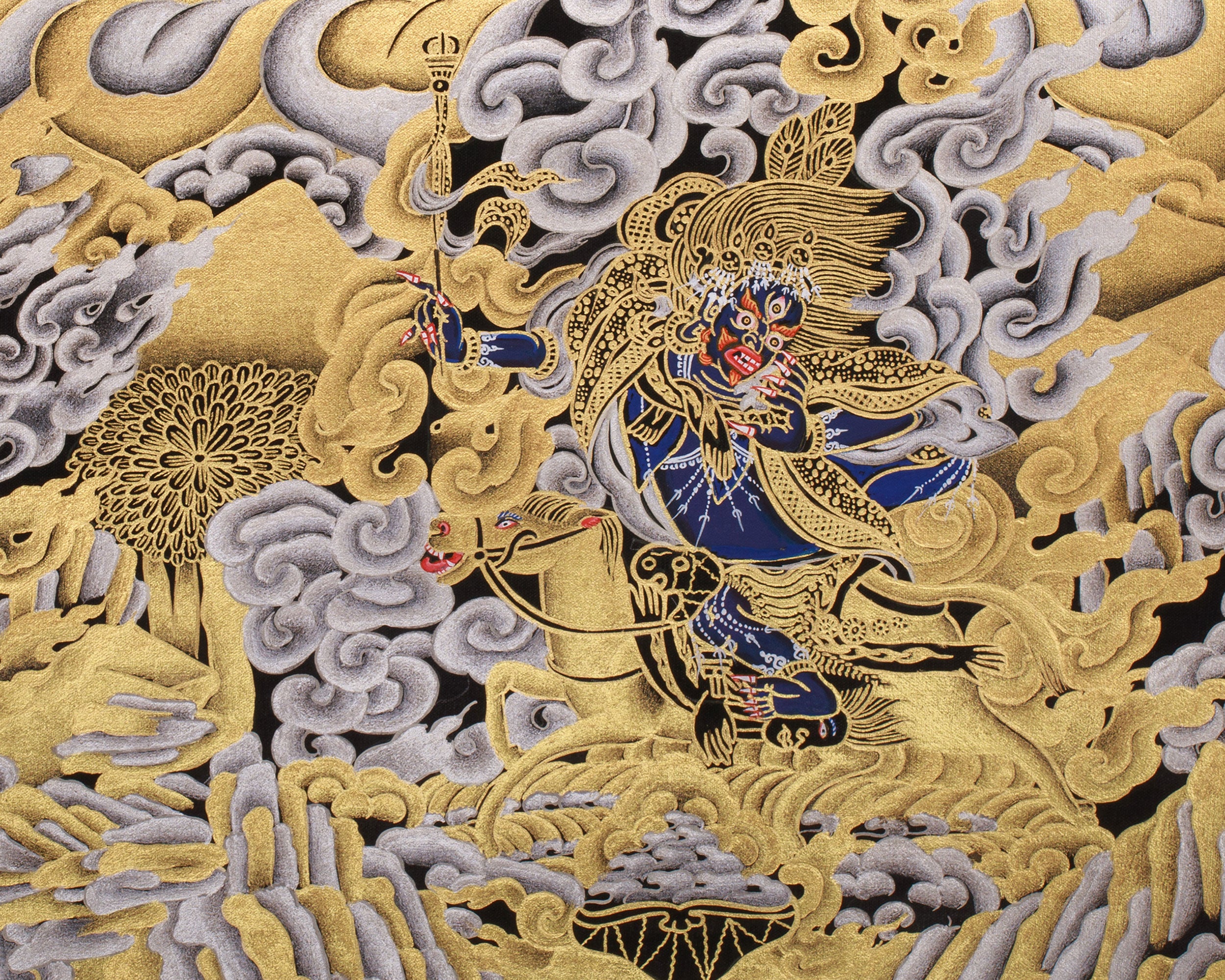 Wrathful Mahakala with Dharma Protectors | Divine Guardian Thangka | Gold and Silver on Black Canvas