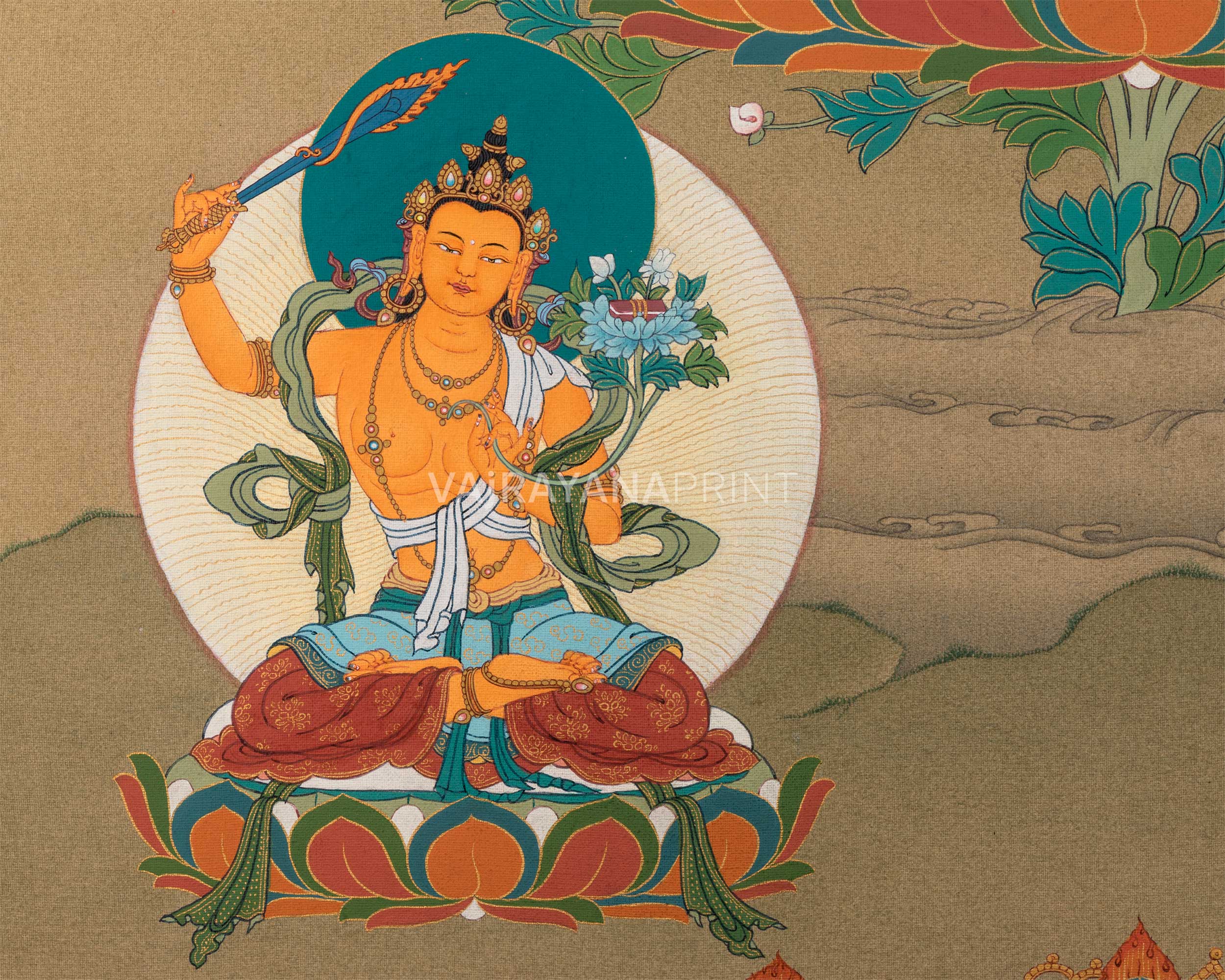 Chenrezig With Manjushri & Vajrapani Thangka Print | The Guardians of Wisdom and Compassion | Wall Decorations