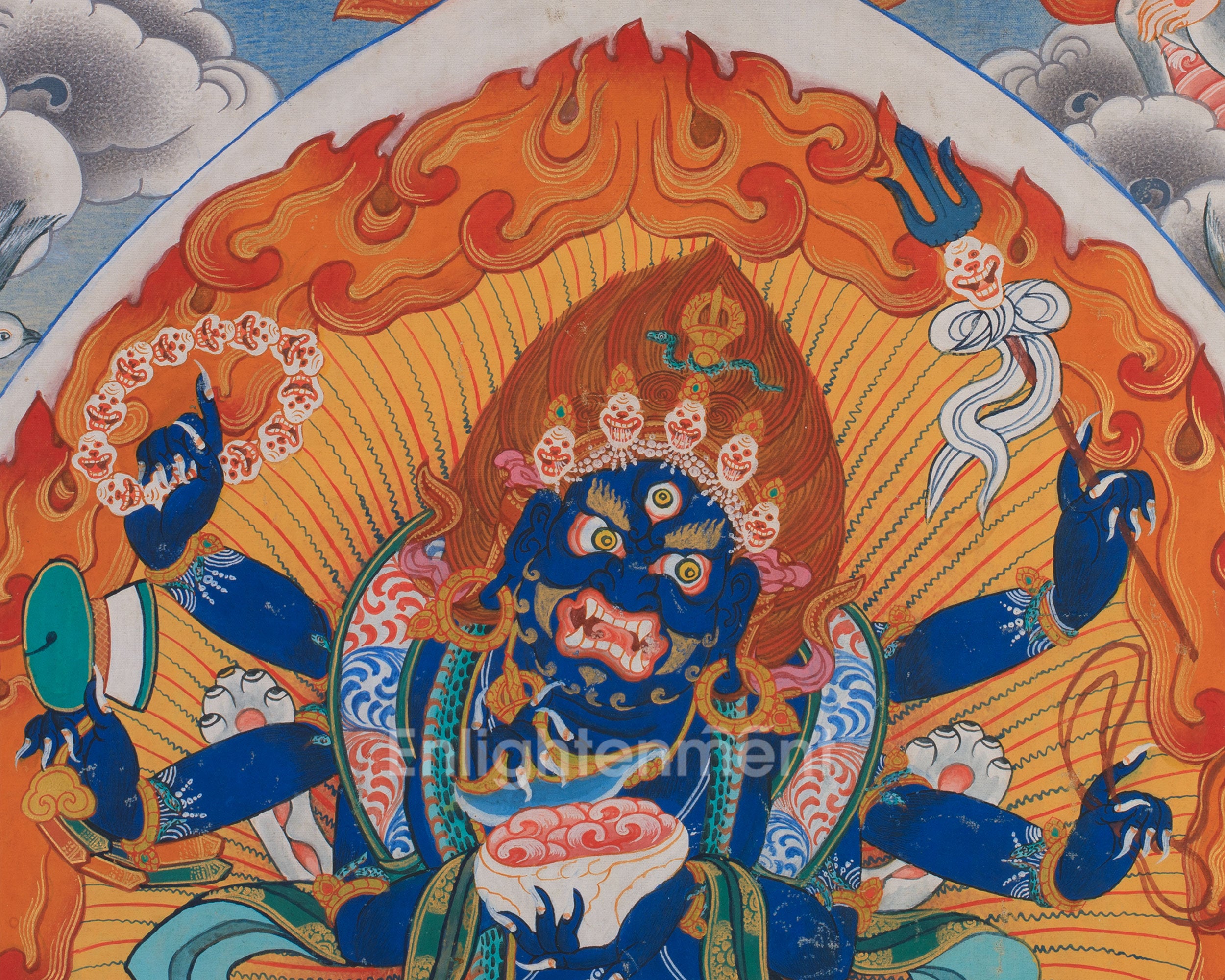 Six-Arms Mahakala Thangka With Brocade | Tibetan Protector Deity for Powerful Protection