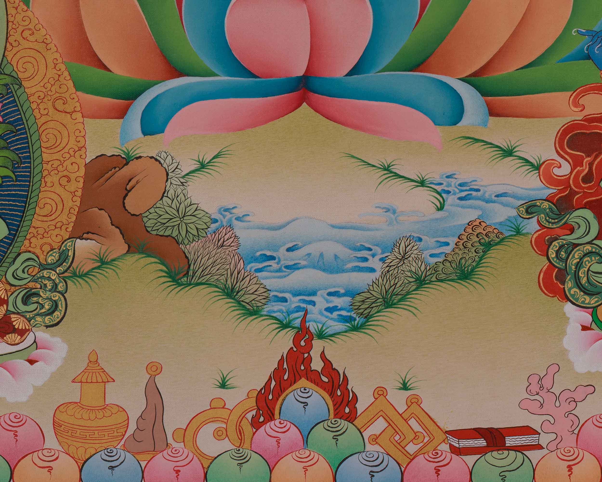 Chenrezig with Amitabha, Manjushri, and Vajrapani Thangka | Avalokiteshvara Art